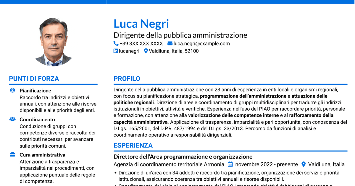 7 modelli di CV per Dirigente - Politiche regionali, con esempi