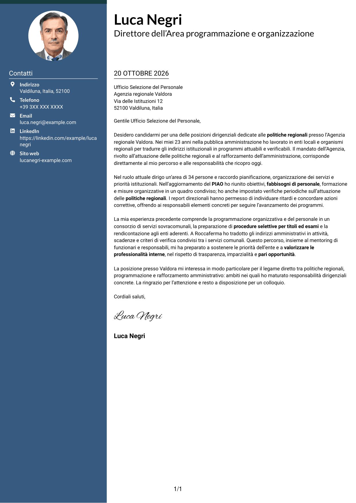 Lettera di presentazione Elegante (formato con colonna laterale colorata e foto): Dirigente - Politiche regionali, pagina 1