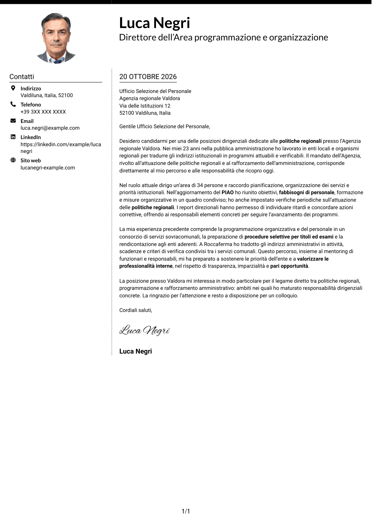 Lettera di presentazione Moderno (formato a due colonne con foto a sinistra e separatore): Dirigente - Politiche regionali, pagina 1