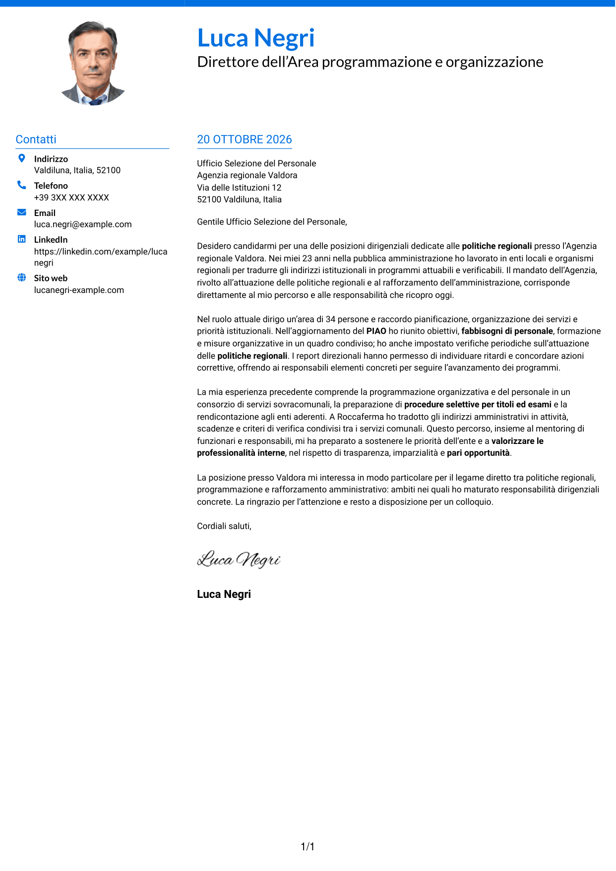 Lettera di presentazione Audace (formato a due colonne con accenti colorati e foto): Dirigente - Politiche regionali, pagina 1