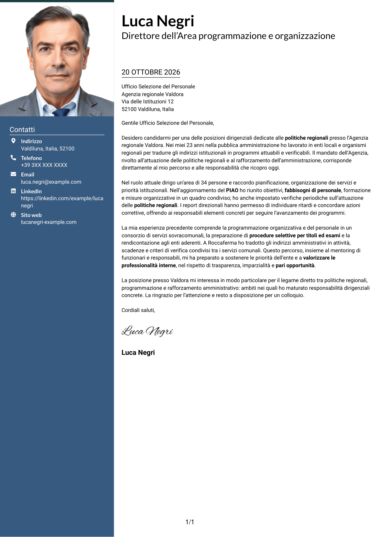 Lettera di presentazione Signature (formato con colonna laterale colorata e foto grande): Dirigente - Politiche regionali, pagina 1