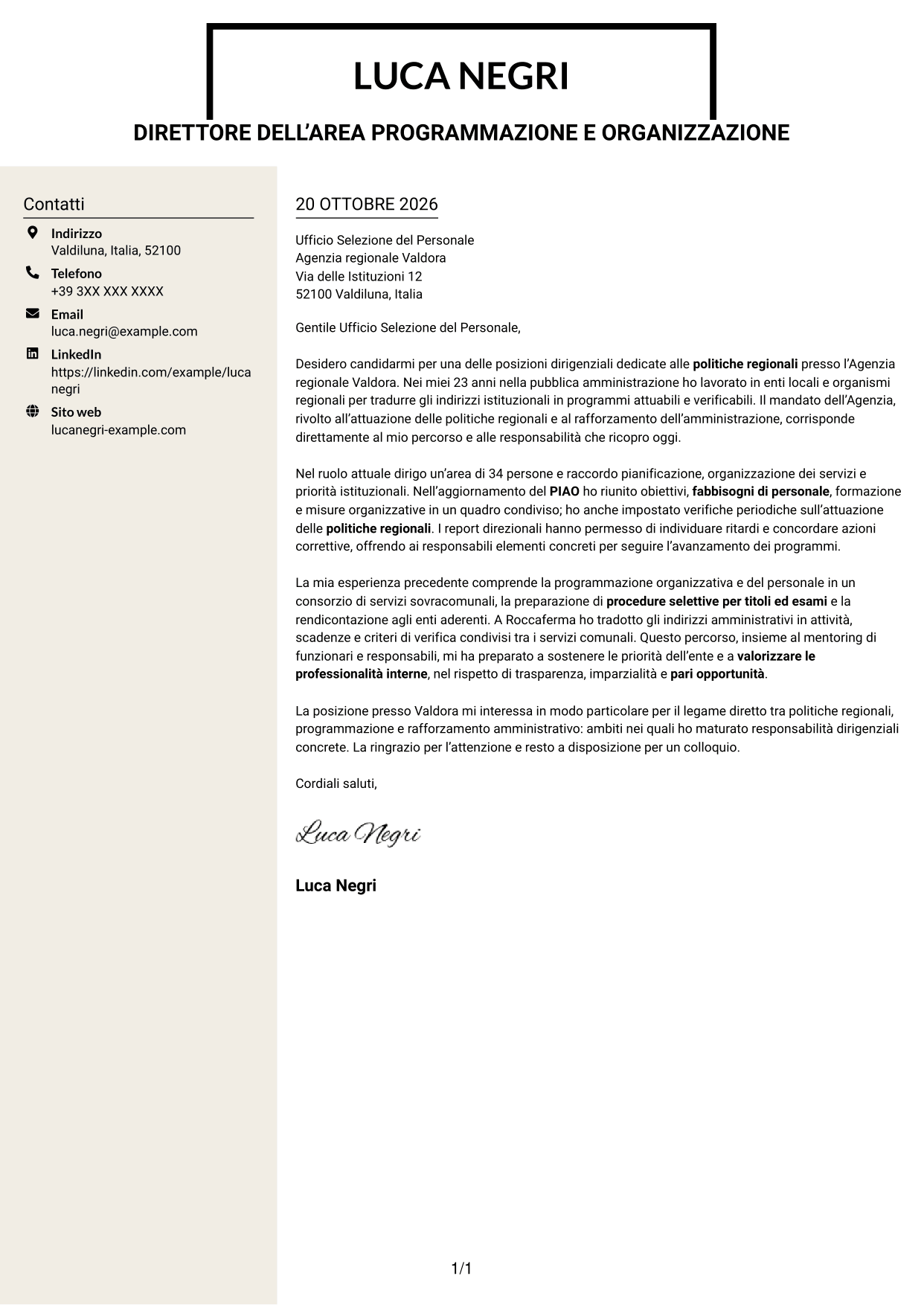Lettera di presentazione Intraprendente (formato a due colonne con intestazione centrata senza foto): Dirigente - Politiche regionali, pagina 1