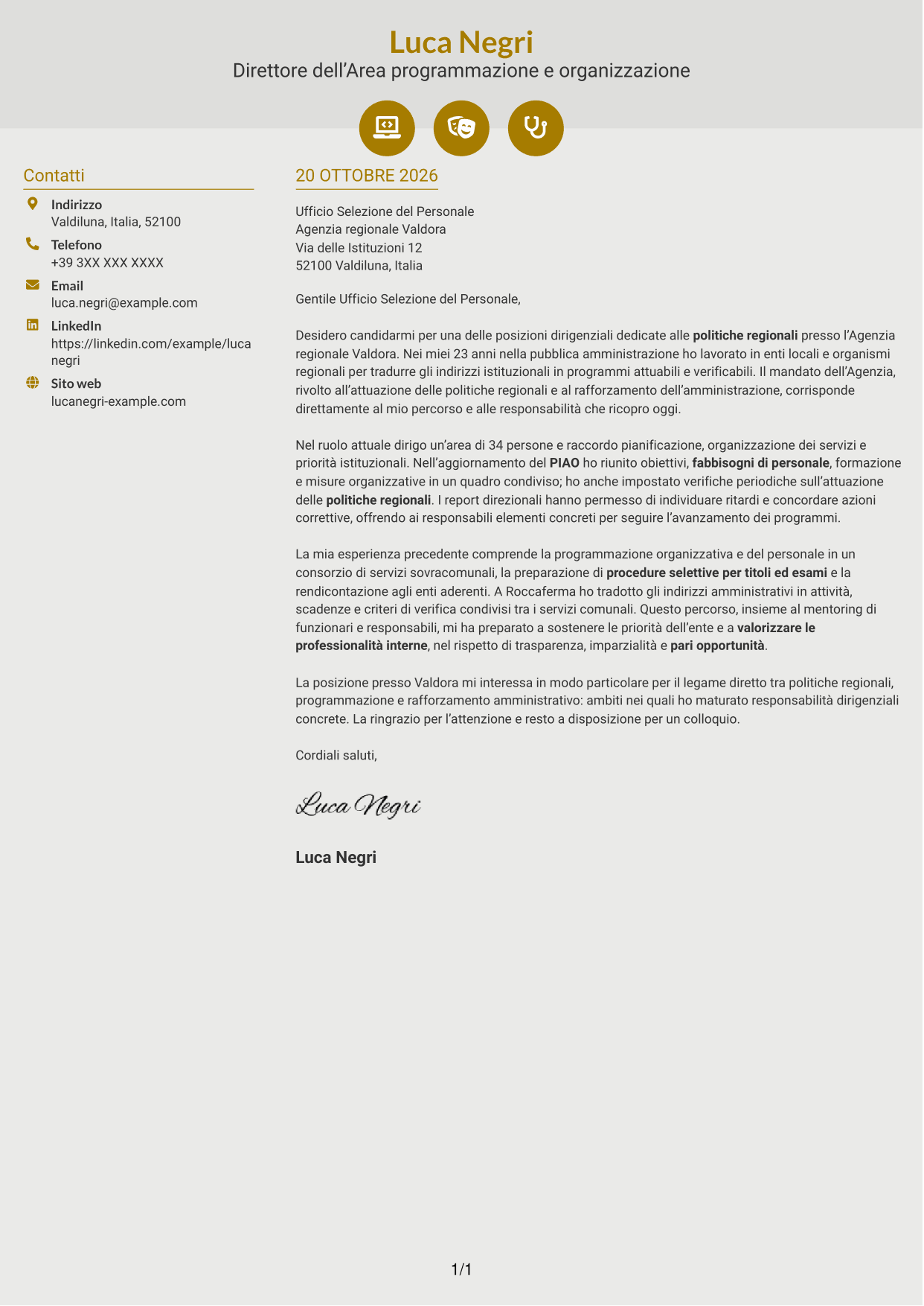 Lettera di presentazione Dinamico (formato a due colonne con icone): Dirigente - Politiche regionali, pagina 1