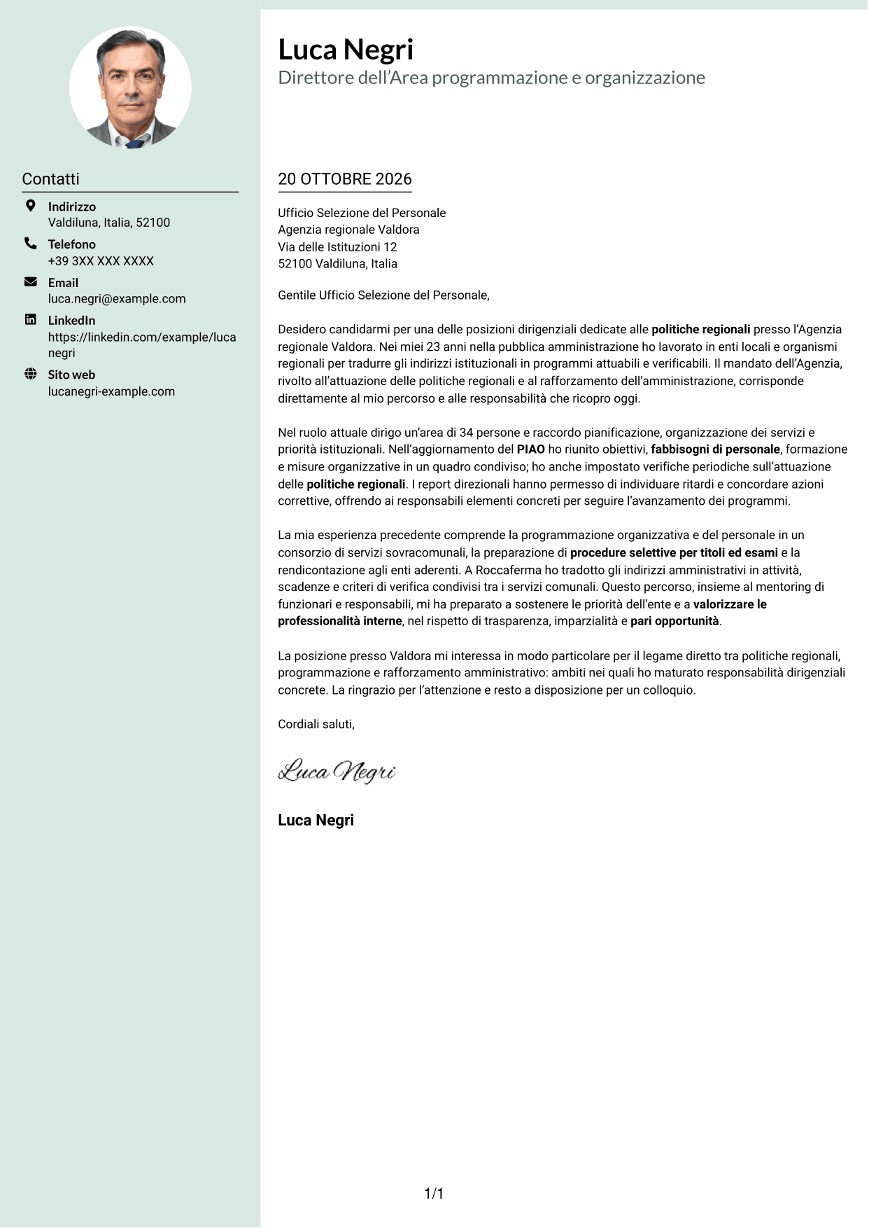 Lettera di presentazione Dirigente (formato con colonna laterale tenue e foto arrotondata): Dirigente - Politiche regionali, pagina 1