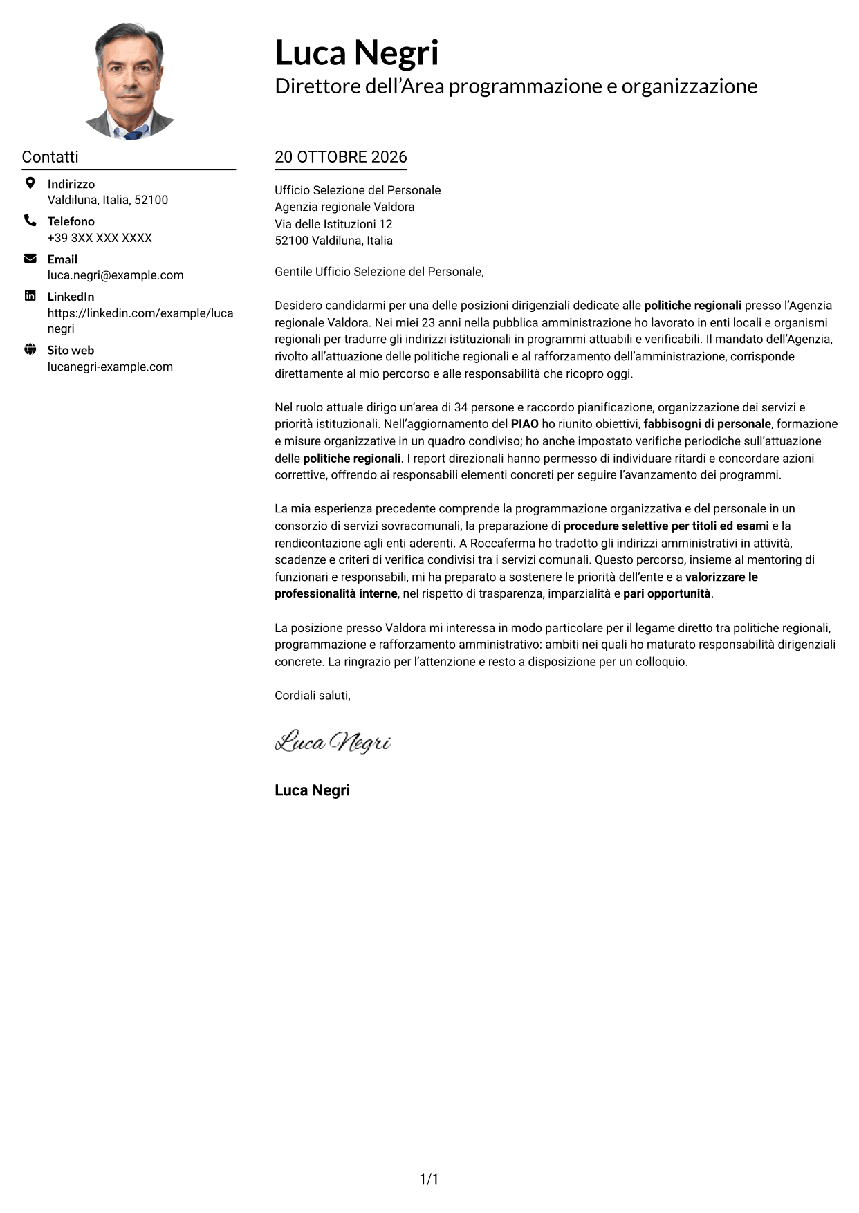 Esempio di lettera di presentazione — pagina 1
