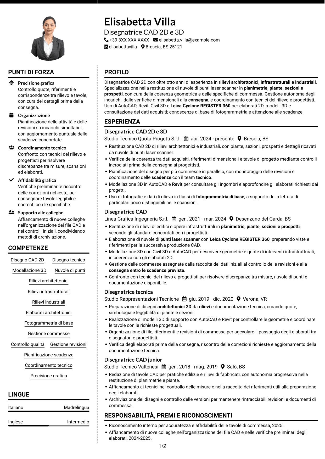 CV Moderno (formato a due colonne con foto a sinistra e separatore): Disegnatore CAD 2D - Rilievi laser scanner, pagina 1
