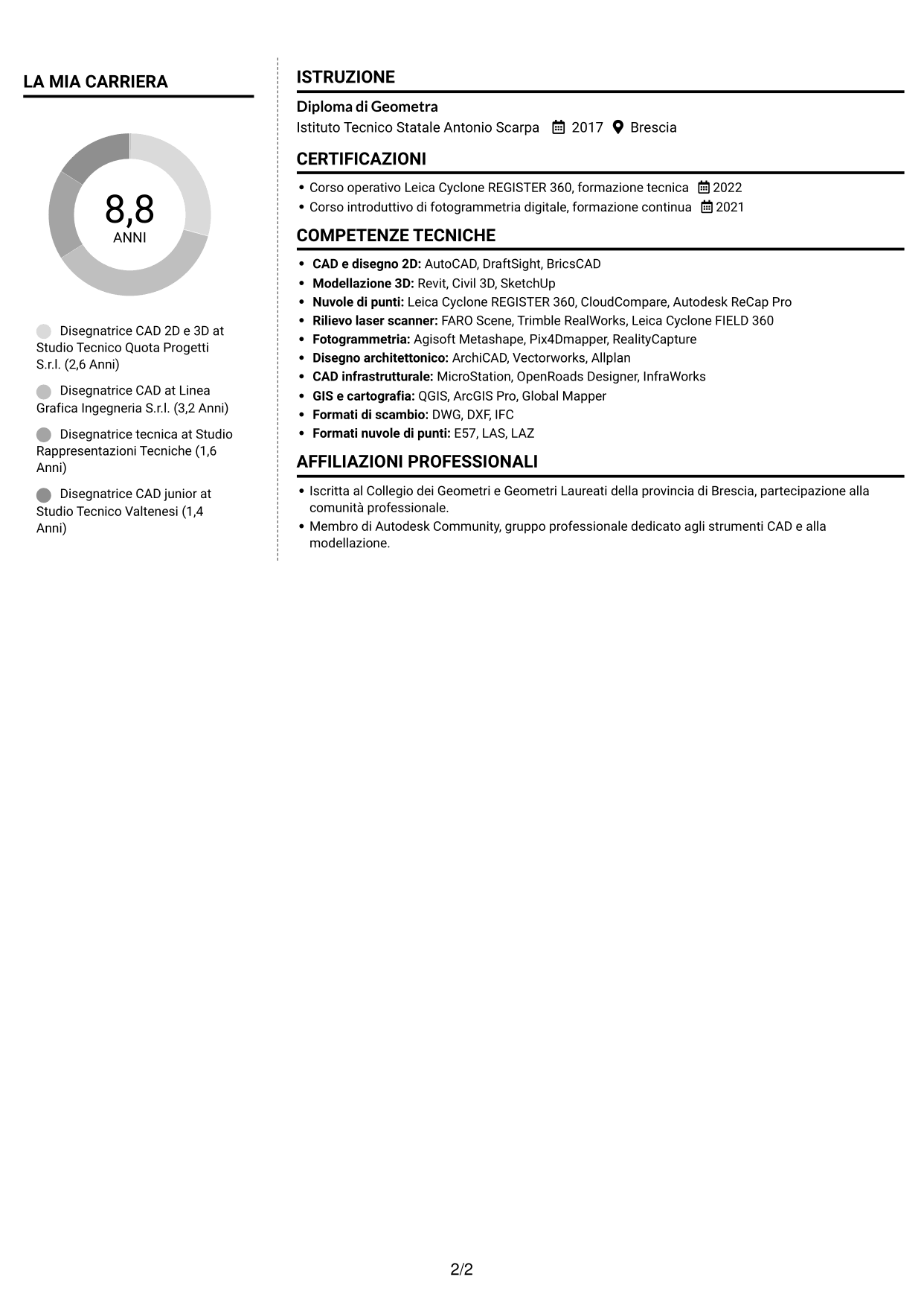 CV Moderno (formato a due colonne con foto a sinistra e separatore): Disegnatore CAD 2D - Rilievi laser scanner, pagina 2
