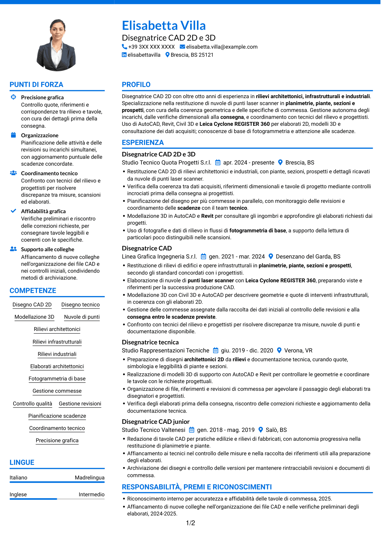 CV Audace (formato a due colonne con accenti colorati e foto): Disegnatore CAD 2D - Rilievi laser scanner, pagina 1