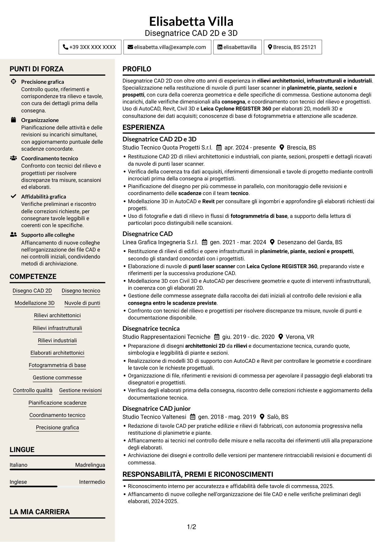 CV Intraprendente (formato a due colonne con intestazione centrata senza foto): Disegnatore CAD 2D - Rilievi laser scanner, pagina 1