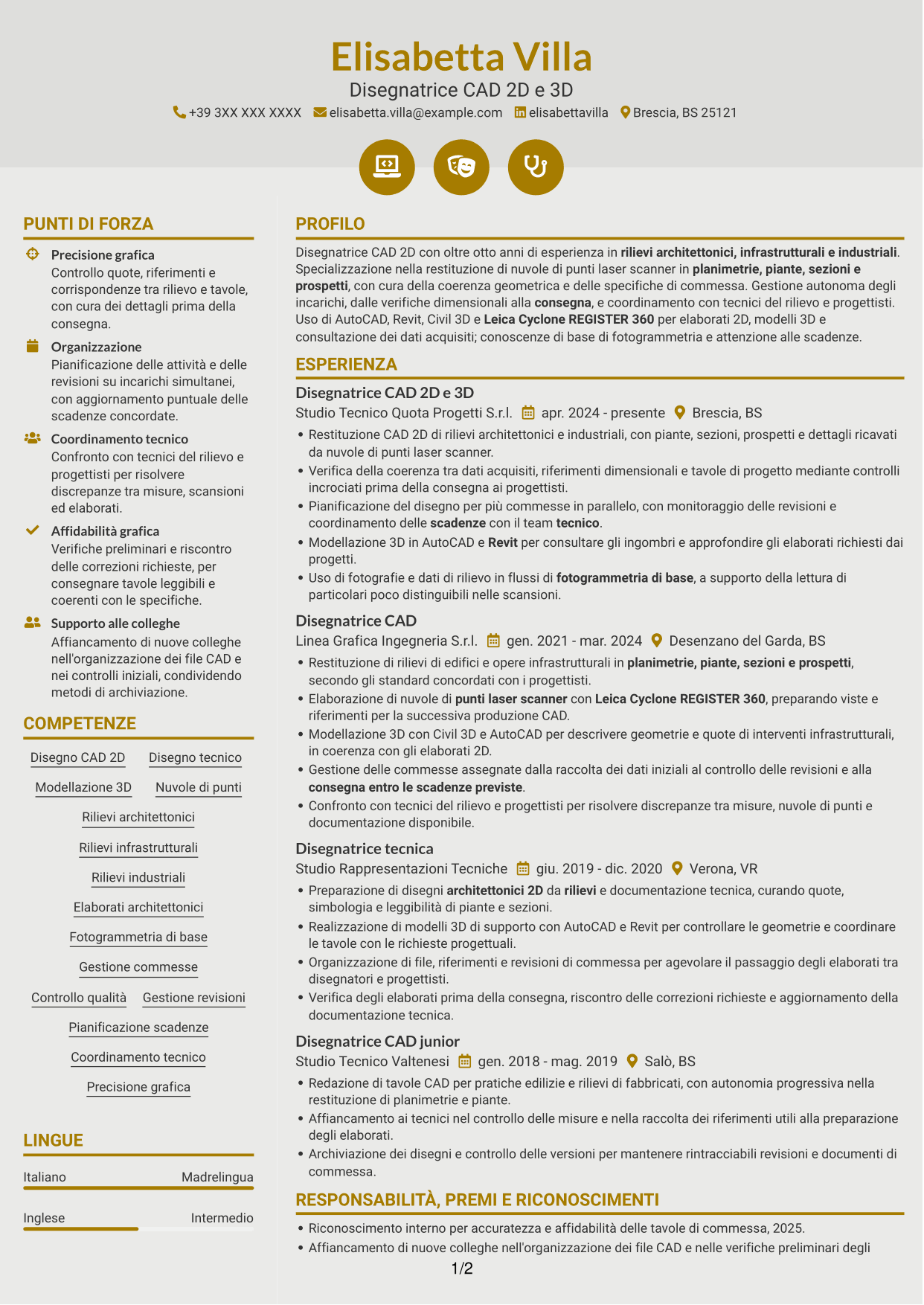 CV Dinamico (formato a due colonne con icone): Disegnatore CAD 2D - Rilievi laser scanner, pagina 1