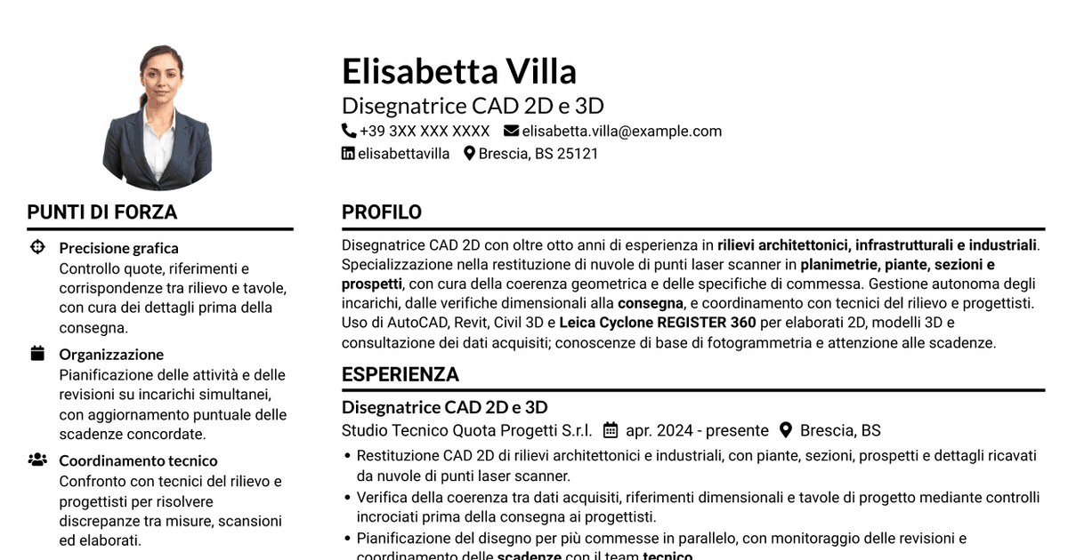 7 modelli di CV per Disegnatore CAD 2D - Rilievi laser scanner, con esempi