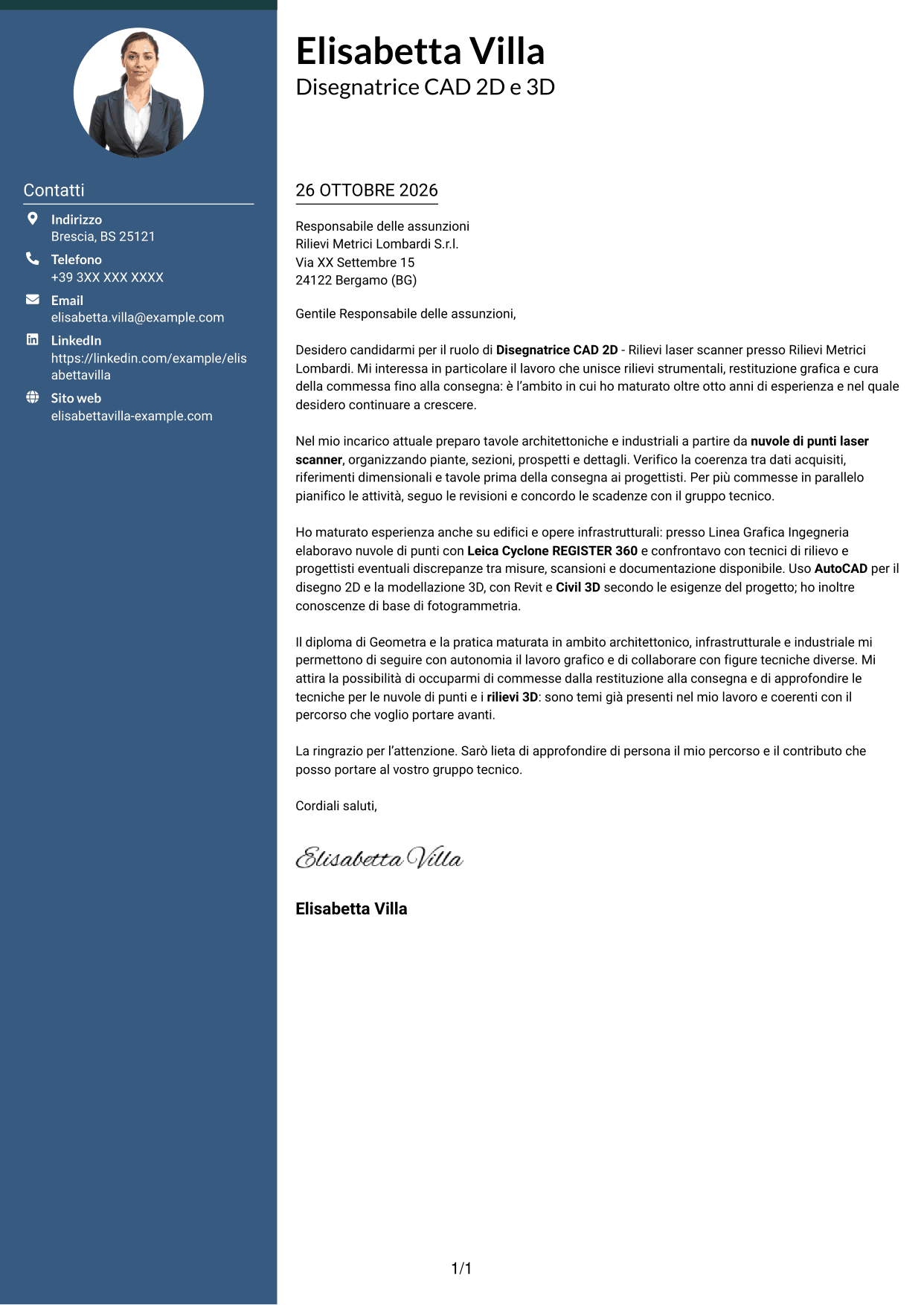 Lettera di presentazione Elegante (formato con colonna laterale colorata e foto): Disegnatore CAD 2D - Rilievi laser scanner, pagina 1