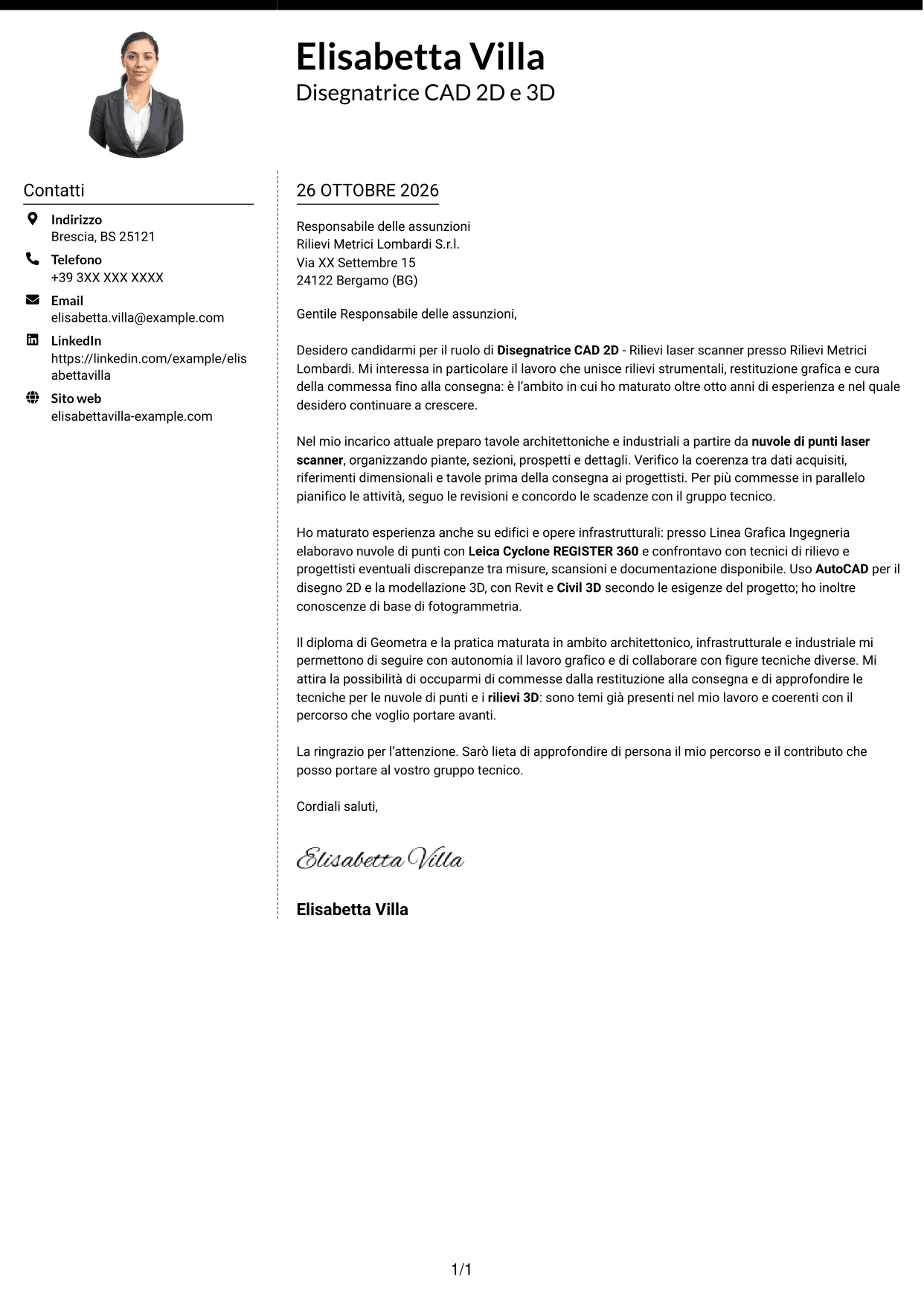 Lettera di presentazione Moderno (formato a due colonne con foto a sinistra e separatore): Disegnatore CAD 2D - Rilievi laser scanner, pagina 1