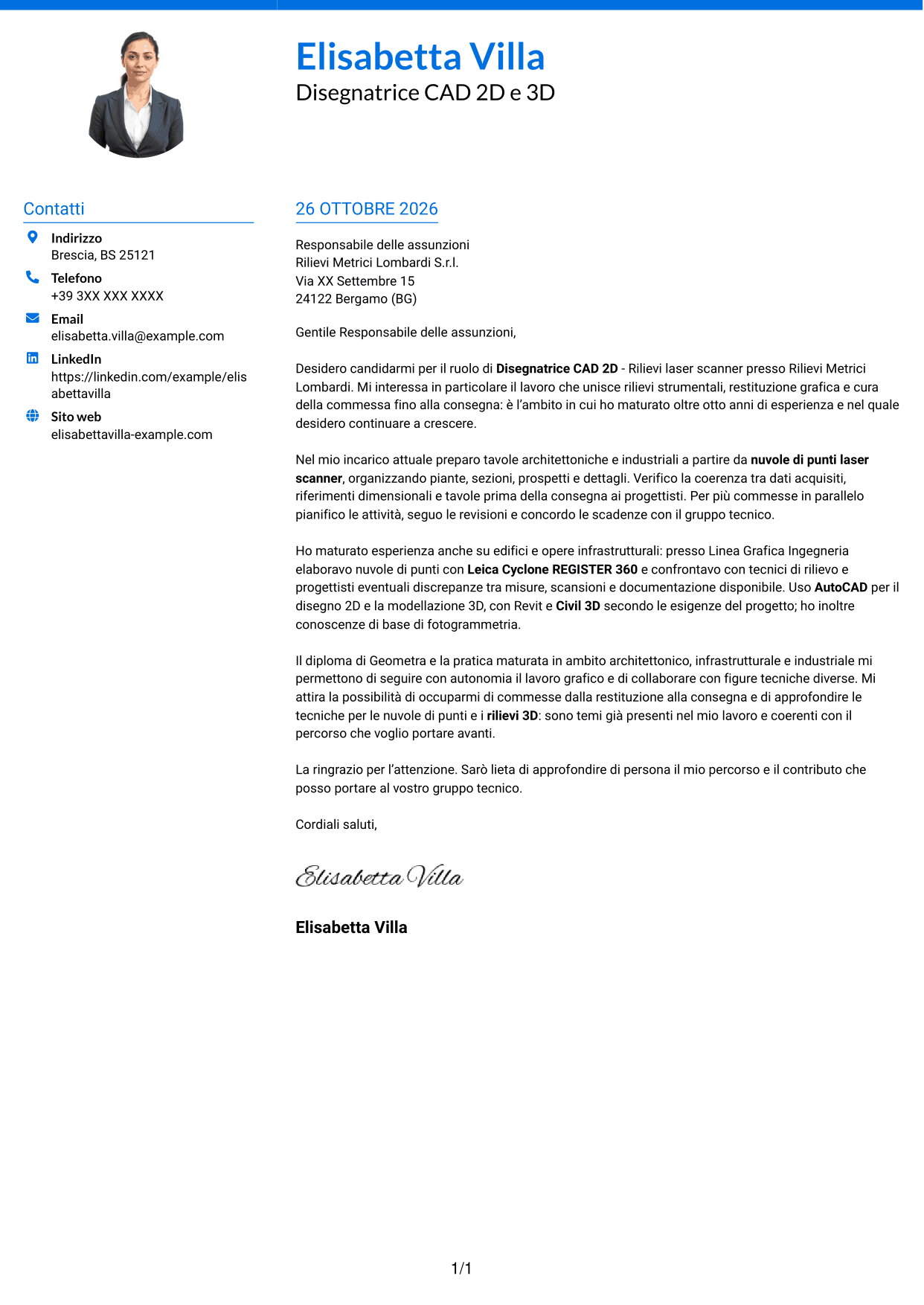 Lettera di presentazione Audace (formato a due colonne con accenti colorati e foto): Disegnatore CAD 2D - Rilievi laser scanner, pagina 1