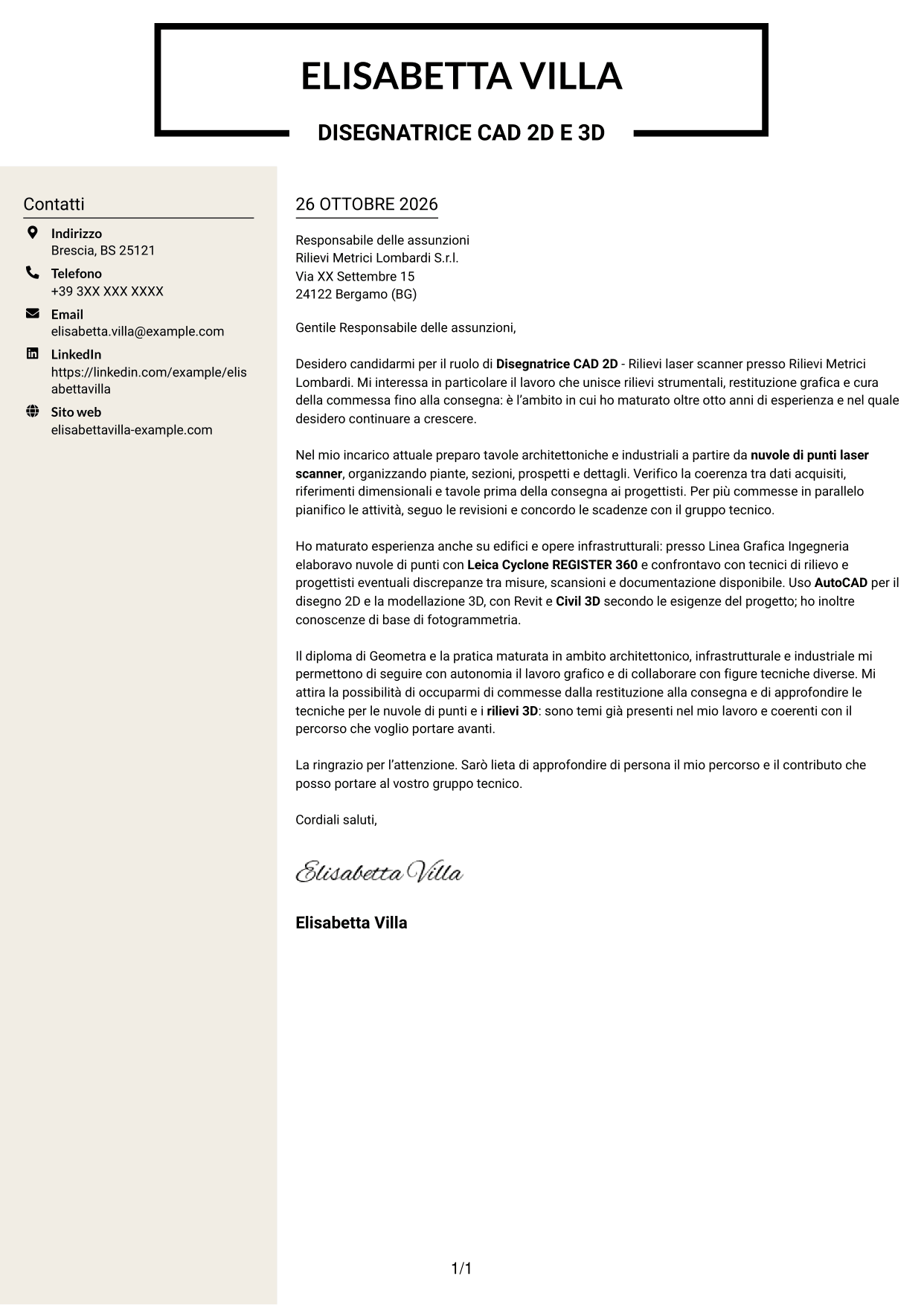 Lettera di presentazione Intraprendente (formato a due colonne con intestazione centrata senza foto): Disegnatore CAD 2D - Rilievi laser scanner, pagina 1