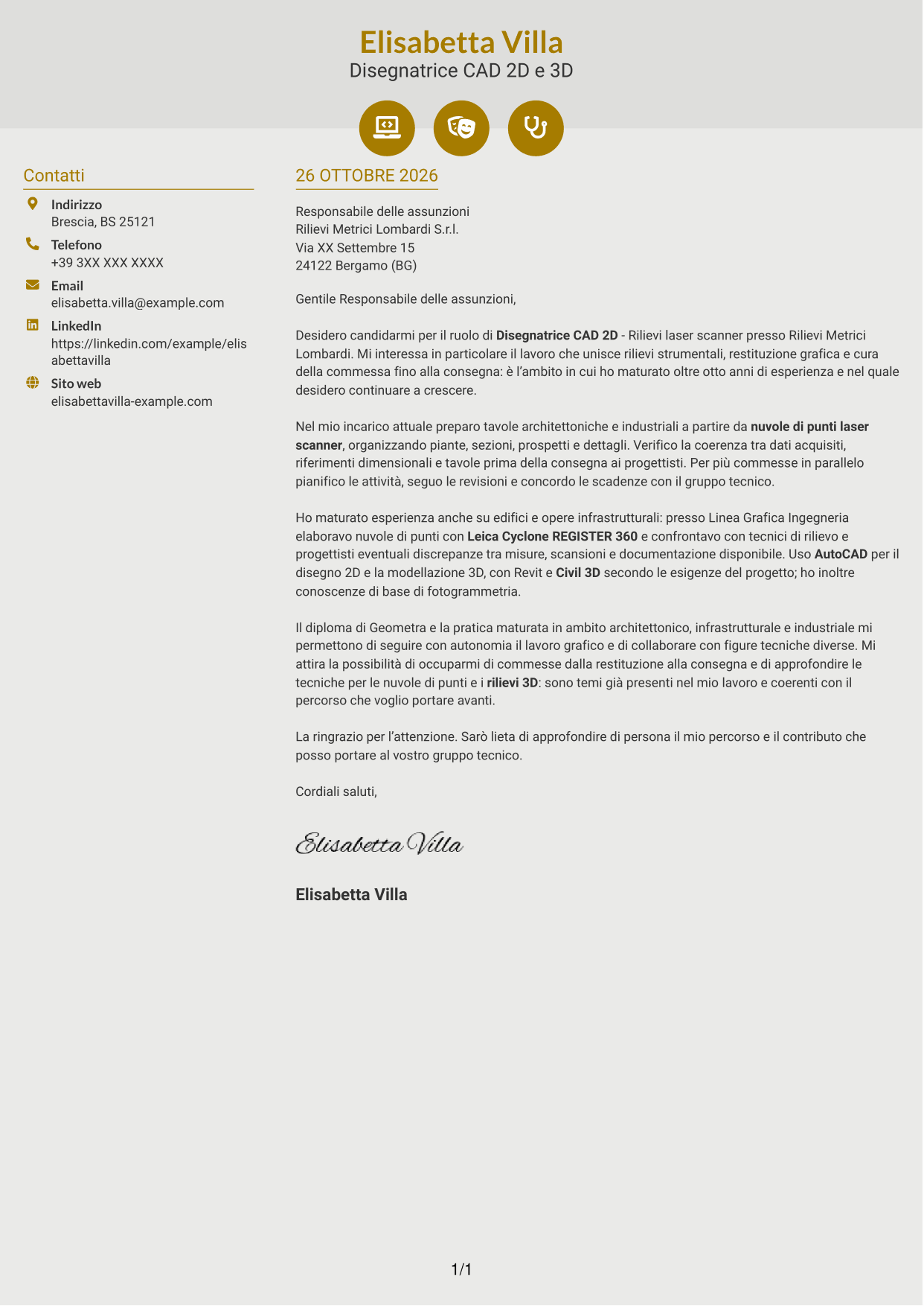 Lettera di presentazione Dinamico (formato a due colonne con icone): Disegnatore CAD 2D - Rilievi laser scanner, pagina 1