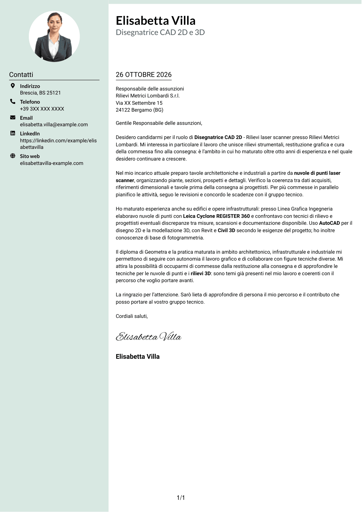 Lettera di presentazione Dirigente (formato con colonna laterale tenue e foto arrotondata): Disegnatore CAD 2D - Rilievi laser scanner, pagina 1