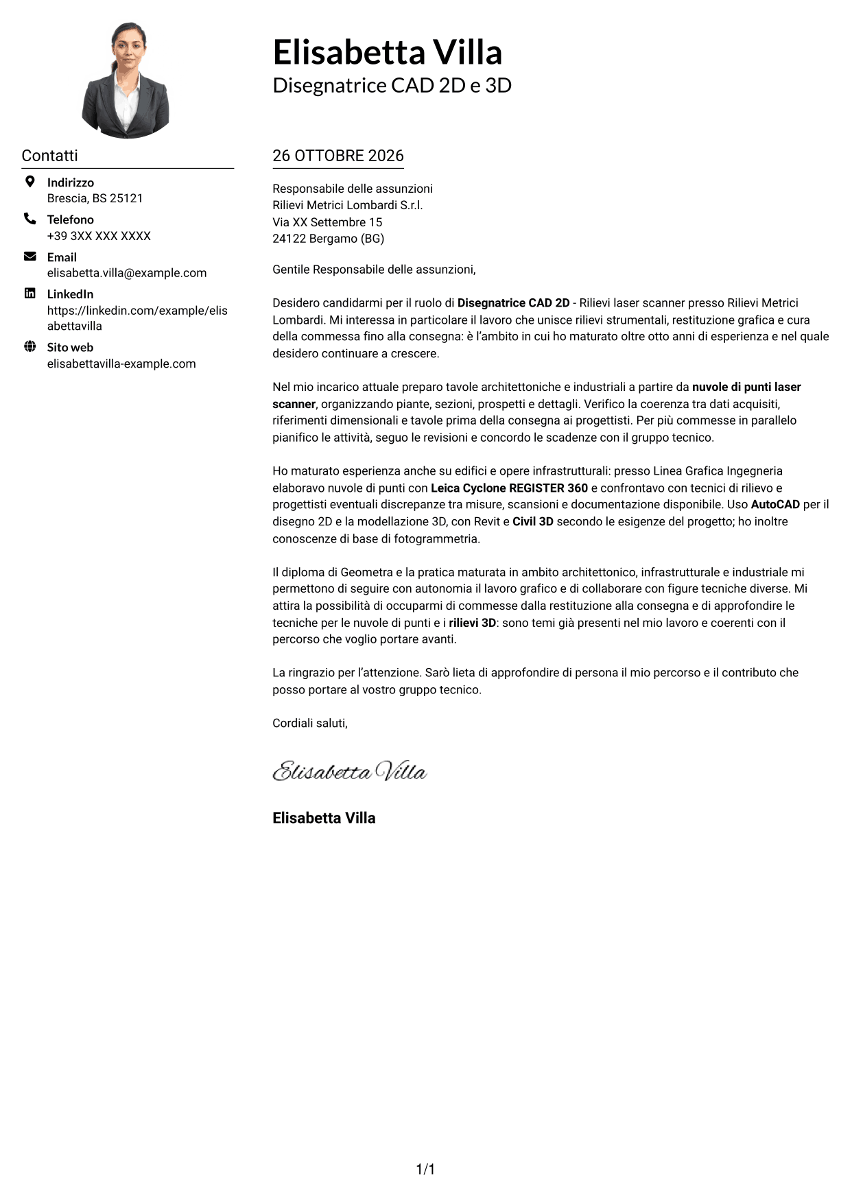 Esempio di lettera di presentazione — pagina 1
