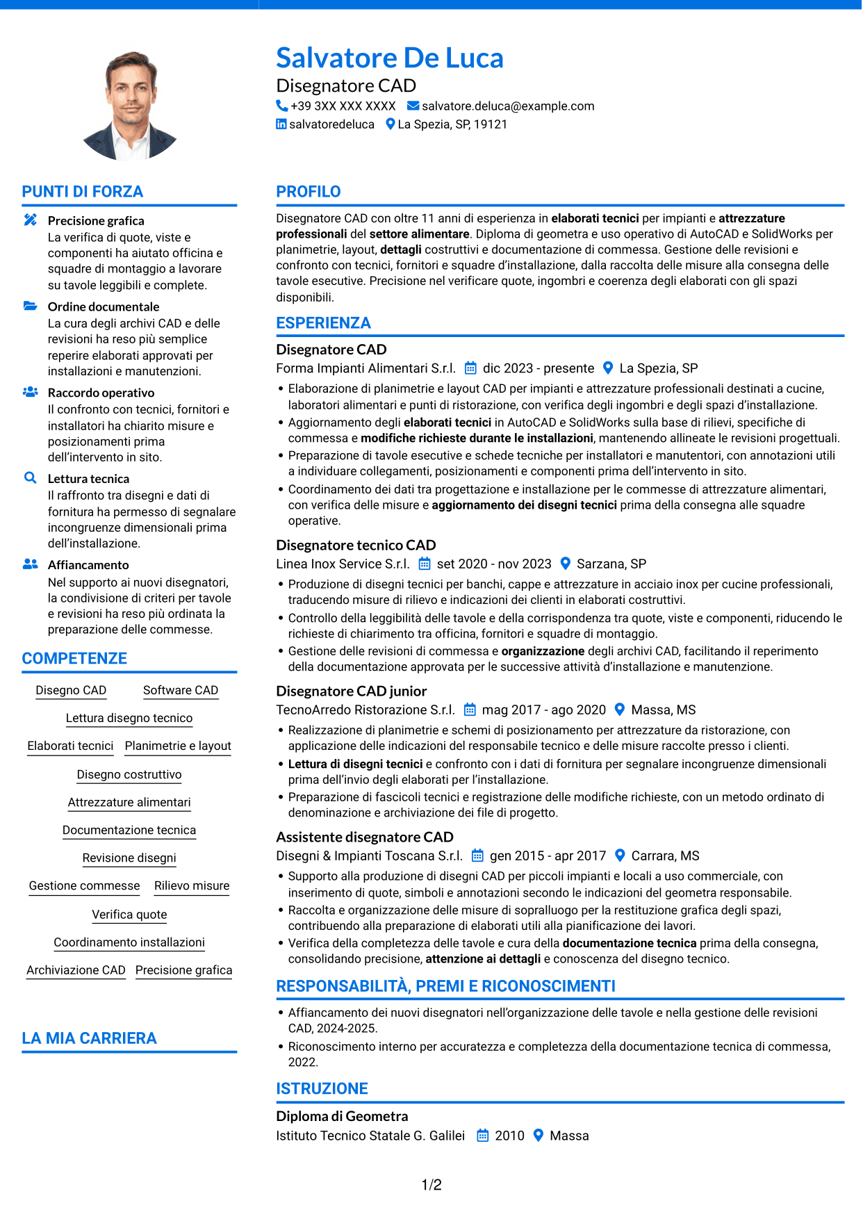 CV Audace (formato a due colonne con accenti colorati e foto): Disegnatore CAD - Attrezzature per il settore alimentare, pagina 1