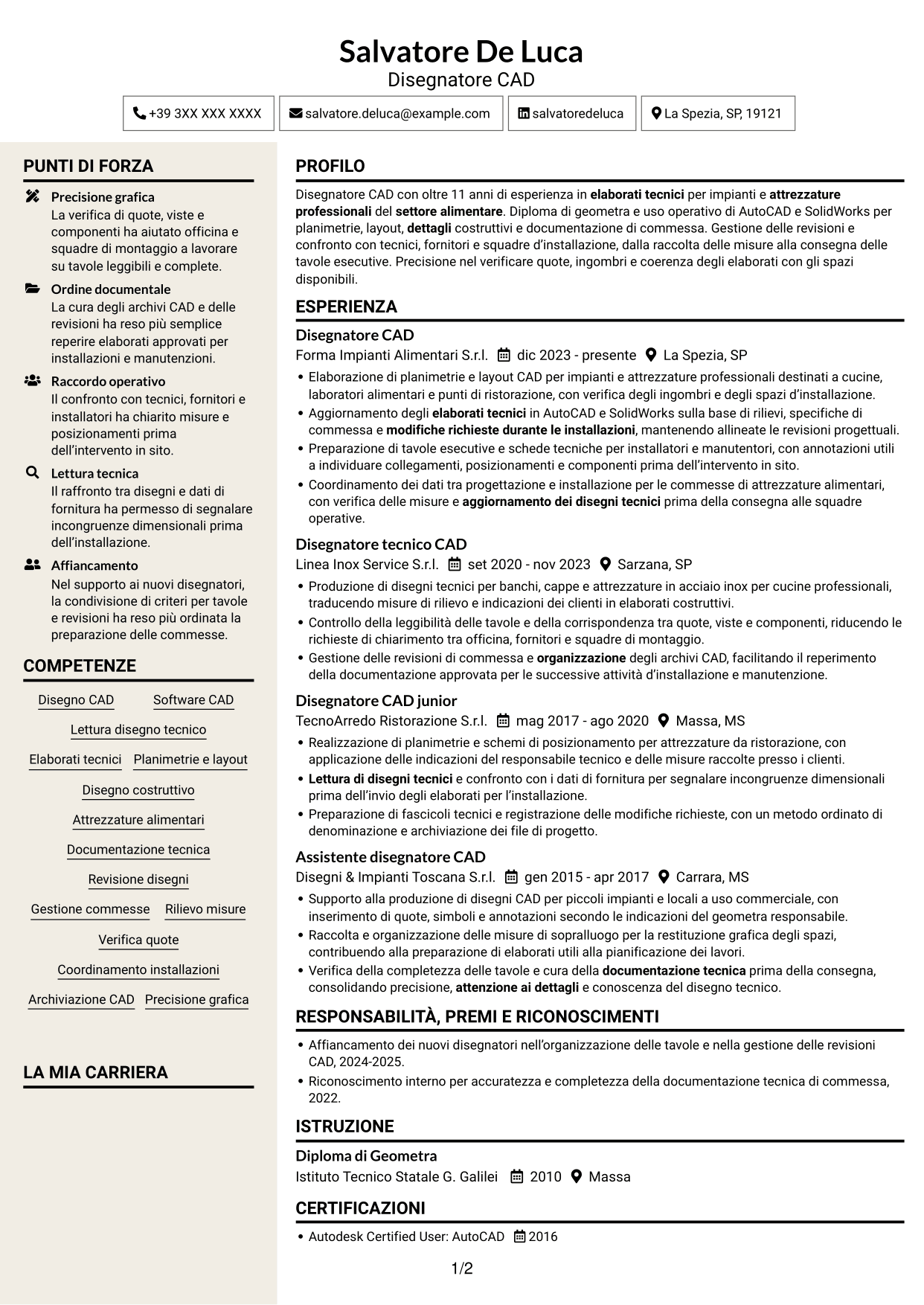 CV Intraprendente (formato a due colonne con intestazione centrata senza foto): Disegnatore CAD - Attrezzature per il settore alimentare, pagina 1