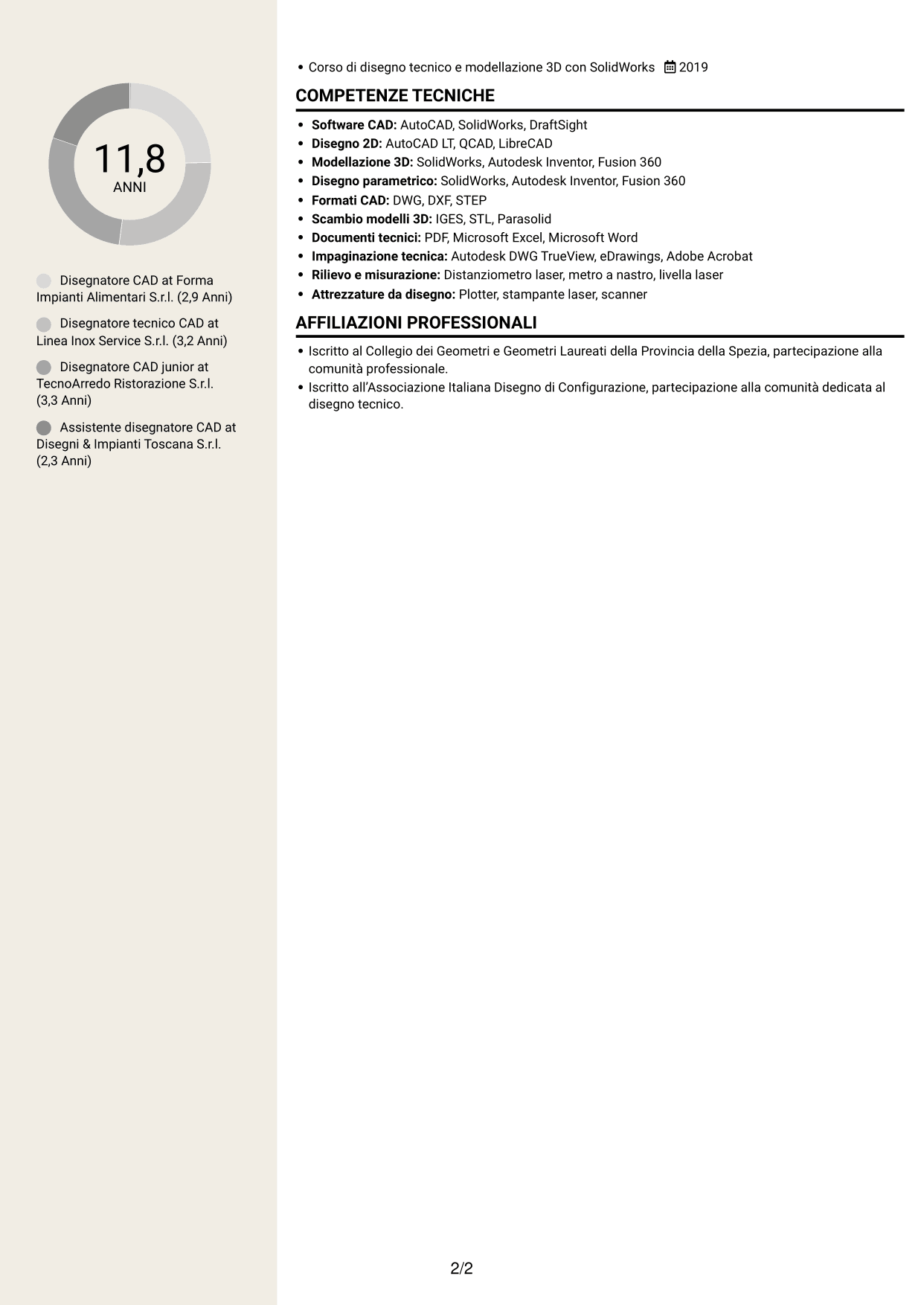 CV Intraprendente (formato a due colonne con intestazione centrata senza foto): Disegnatore CAD - Attrezzature per il settore alimentare, pagina 2
