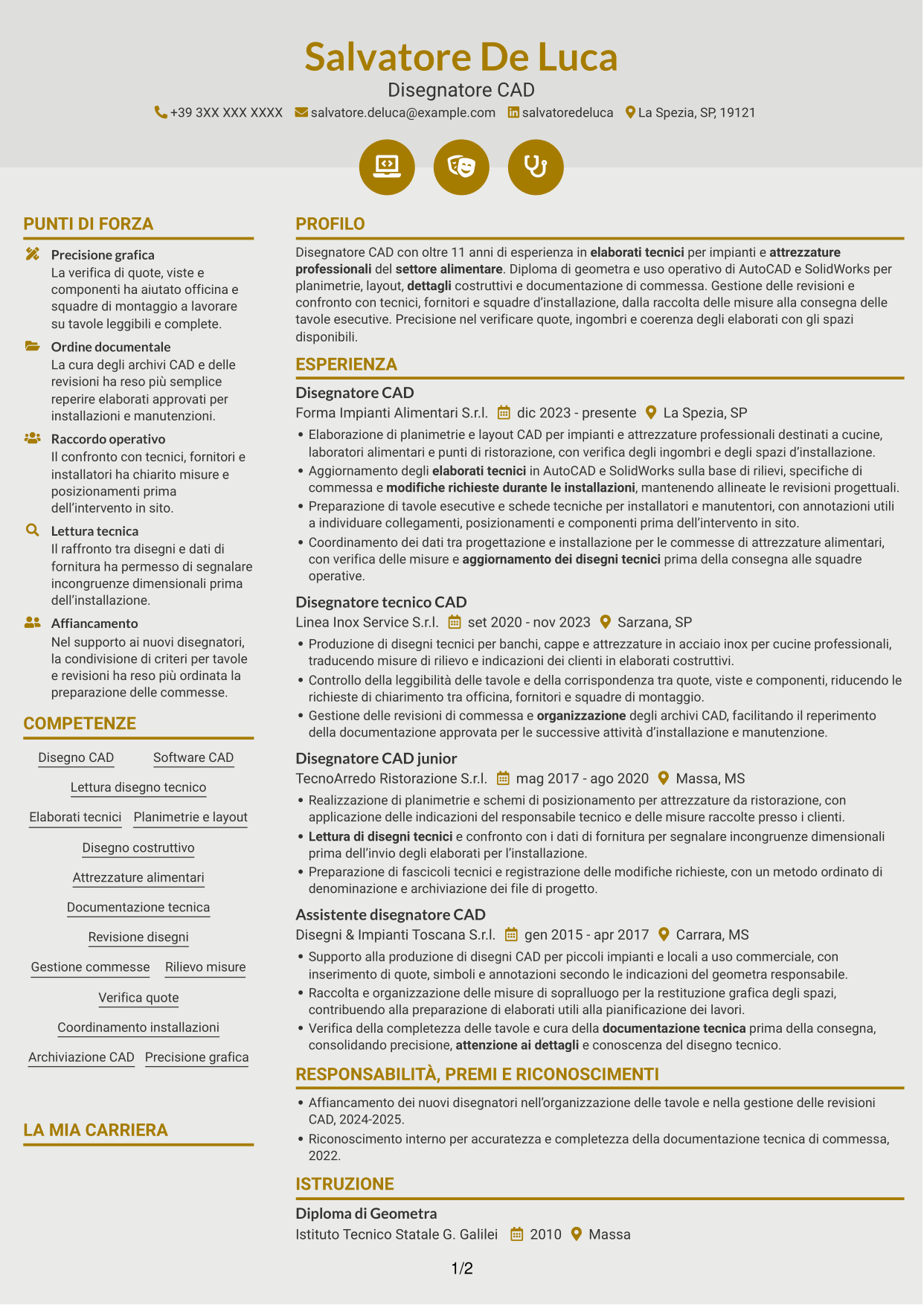 CV Dinamico (formato a due colonne con icone): Disegnatore CAD - Attrezzature per il settore alimentare, pagina 1
