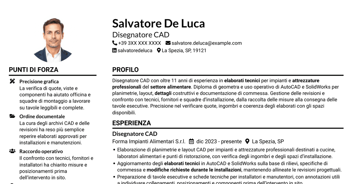 7 modelli di CV per Disegnatore CAD - Attrezzature per il settore alimentare, con esempi