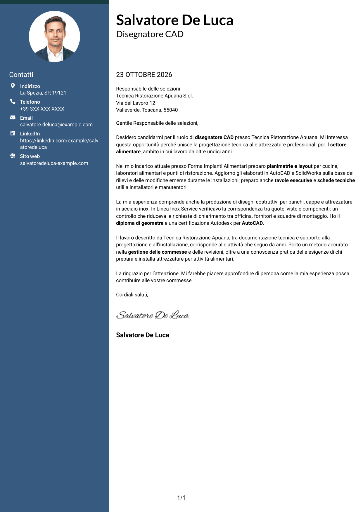 Lettera di presentazione Elegante (formato con colonna laterale colorata e foto): Disegnatore CAD - Attrezzature per il settore alimentare, pagina 1