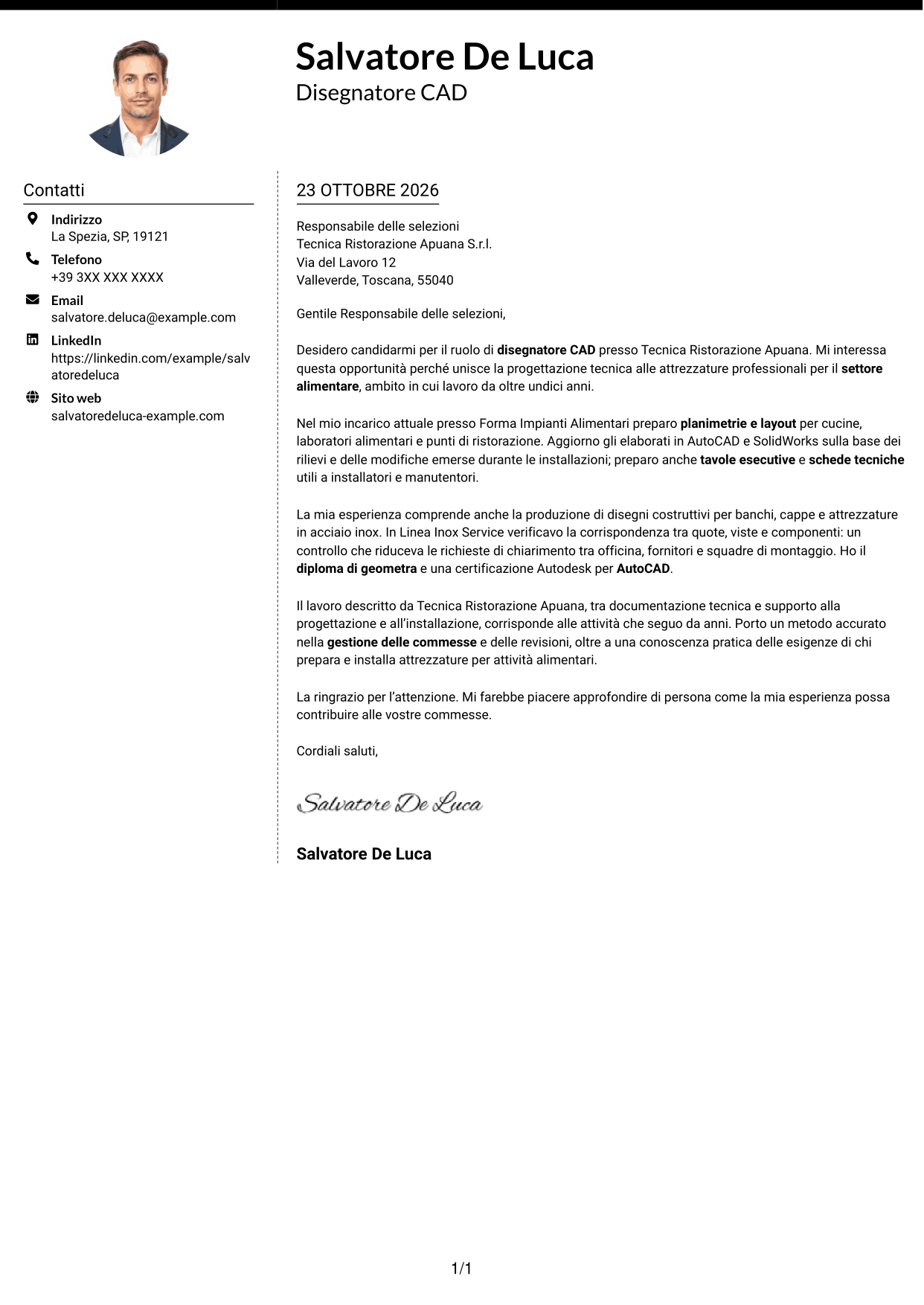Lettera di presentazione Moderno (formato a due colonne con foto a sinistra e separatore): Disegnatore CAD - Attrezzature per il settore alimentare, pagina 1