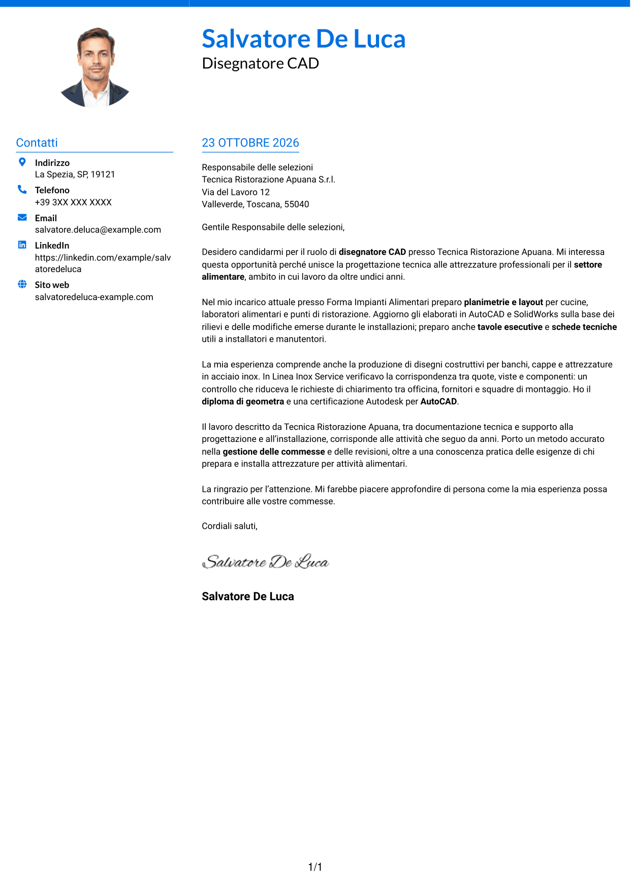 Lettera di presentazione Audace (formato a due colonne con accenti colorati e foto): Disegnatore CAD - Attrezzature per il settore alimentare, pagina 1