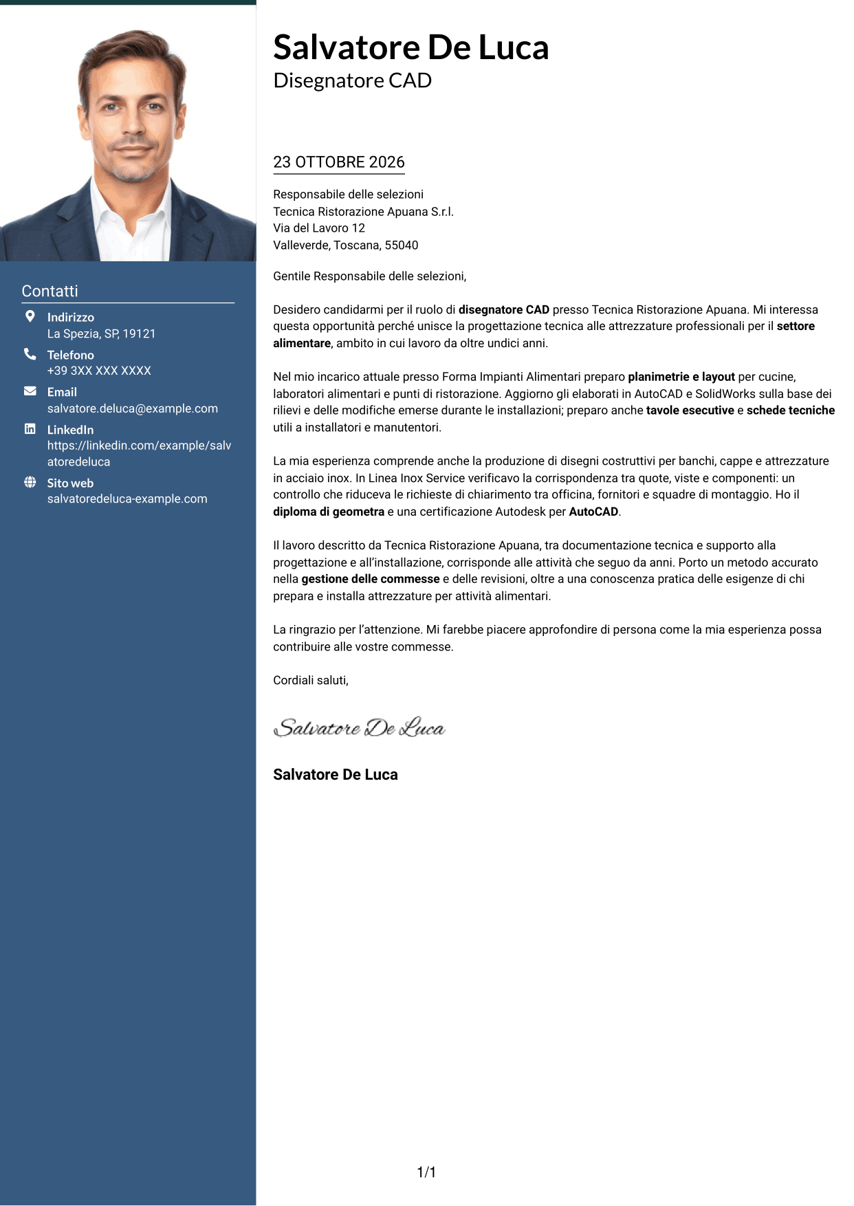 Lettera di presentazione Signature (formato con colonna laterale colorata e foto grande): Disegnatore CAD - Attrezzature per il settore alimentare, pagina 1