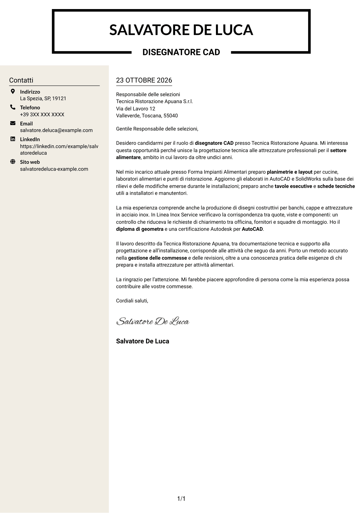 Lettera di presentazione Intraprendente (formato a due colonne con intestazione centrata senza foto): Disegnatore CAD - Attrezzature per il settore alimentare, pagina 1