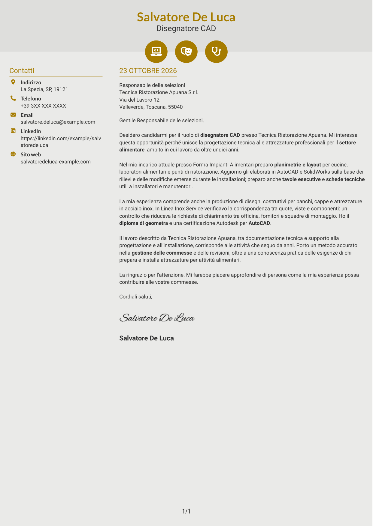 Lettera di presentazione Dinamico (formato a due colonne con icone): Disegnatore CAD - Attrezzature per il settore alimentare, pagina 1