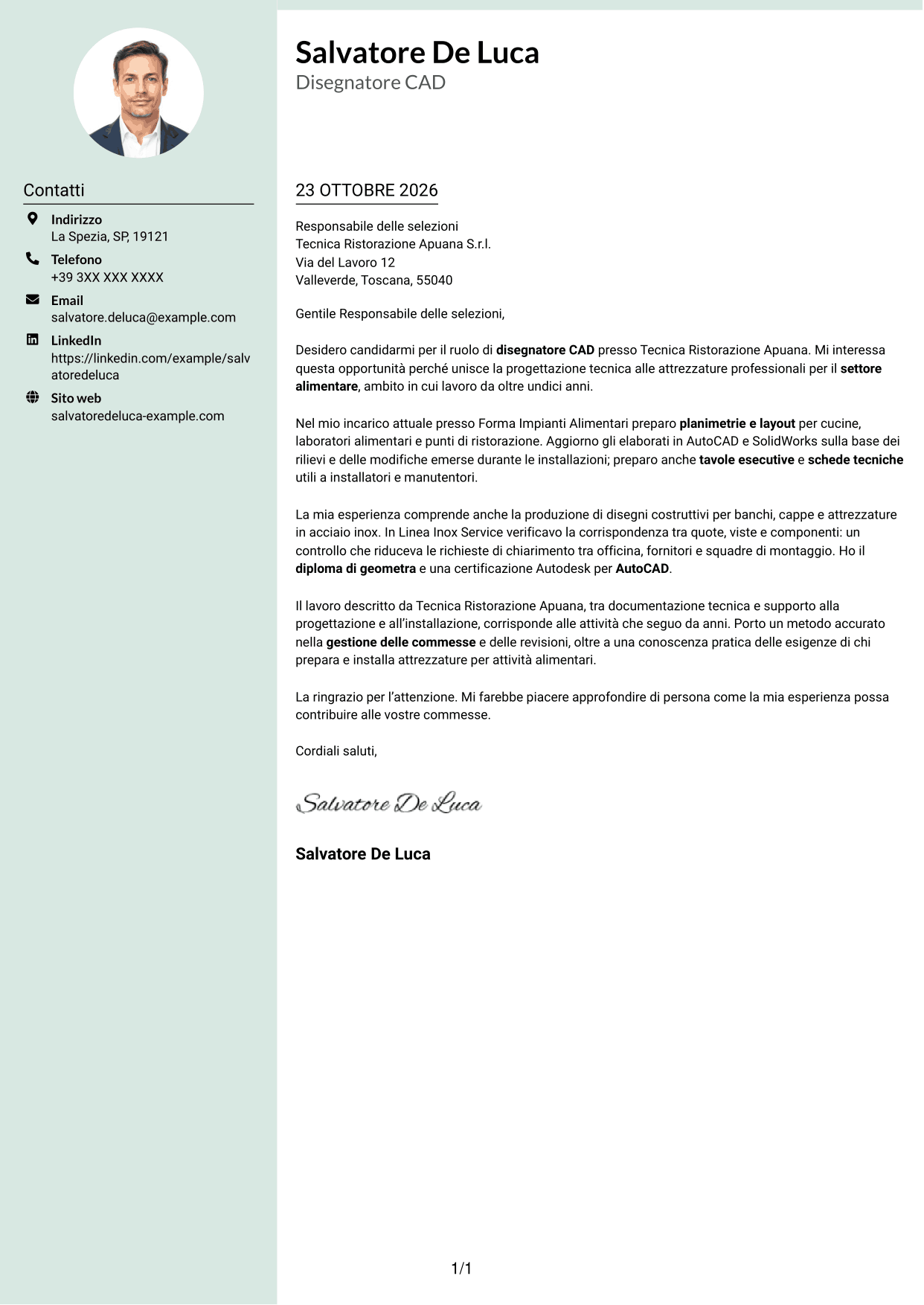 Lettera di presentazione Dirigente (formato con colonna laterale tenue e foto arrotondata): Disegnatore CAD - Attrezzature per il settore alimentare, pagina 1
