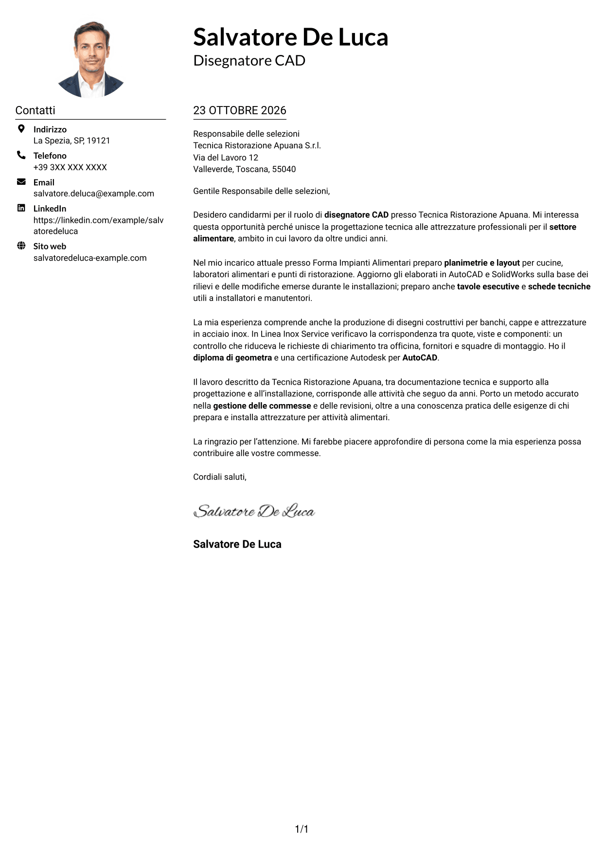Esempio di lettera di presentazione — pagina 1