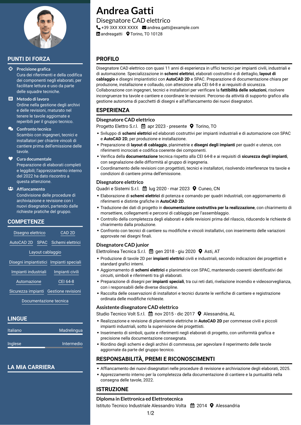 CV Elegante (formato con colonna laterale colorata e foto): Disegnatore CAD - Impiantistica elettrica, pagina 1
