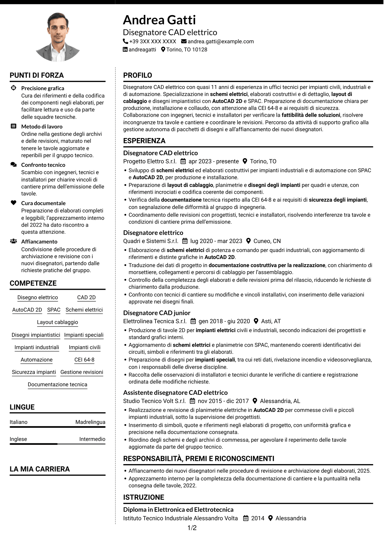 CV Moderno (formato a due colonne con foto a sinistra e separatore): Disegnatore CAD - Impiantistica elettrica, pagina 1