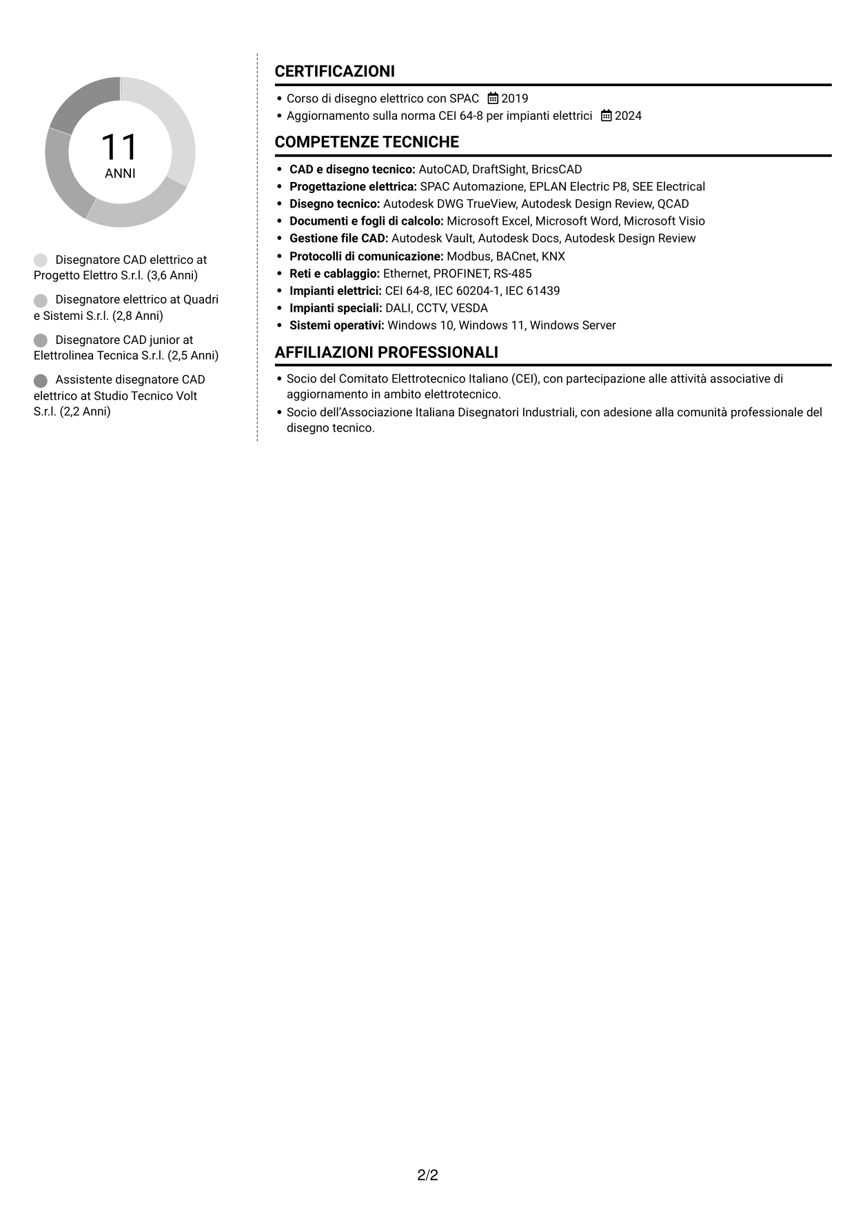 CV Moderno (formato a due colonne con foto a sinistra e separatore): Disegnatore CAD - Impiantistica elettrica, pagina 2