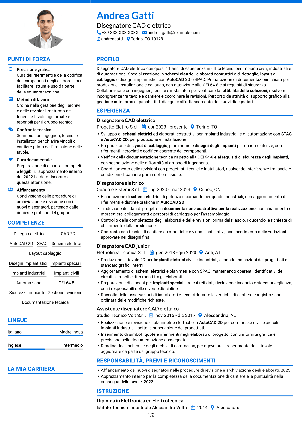 CV Audace (formato a due colonne con accenti colorati e foto): Disegnatore CAD - Impiantistica elettrica, pagina 1