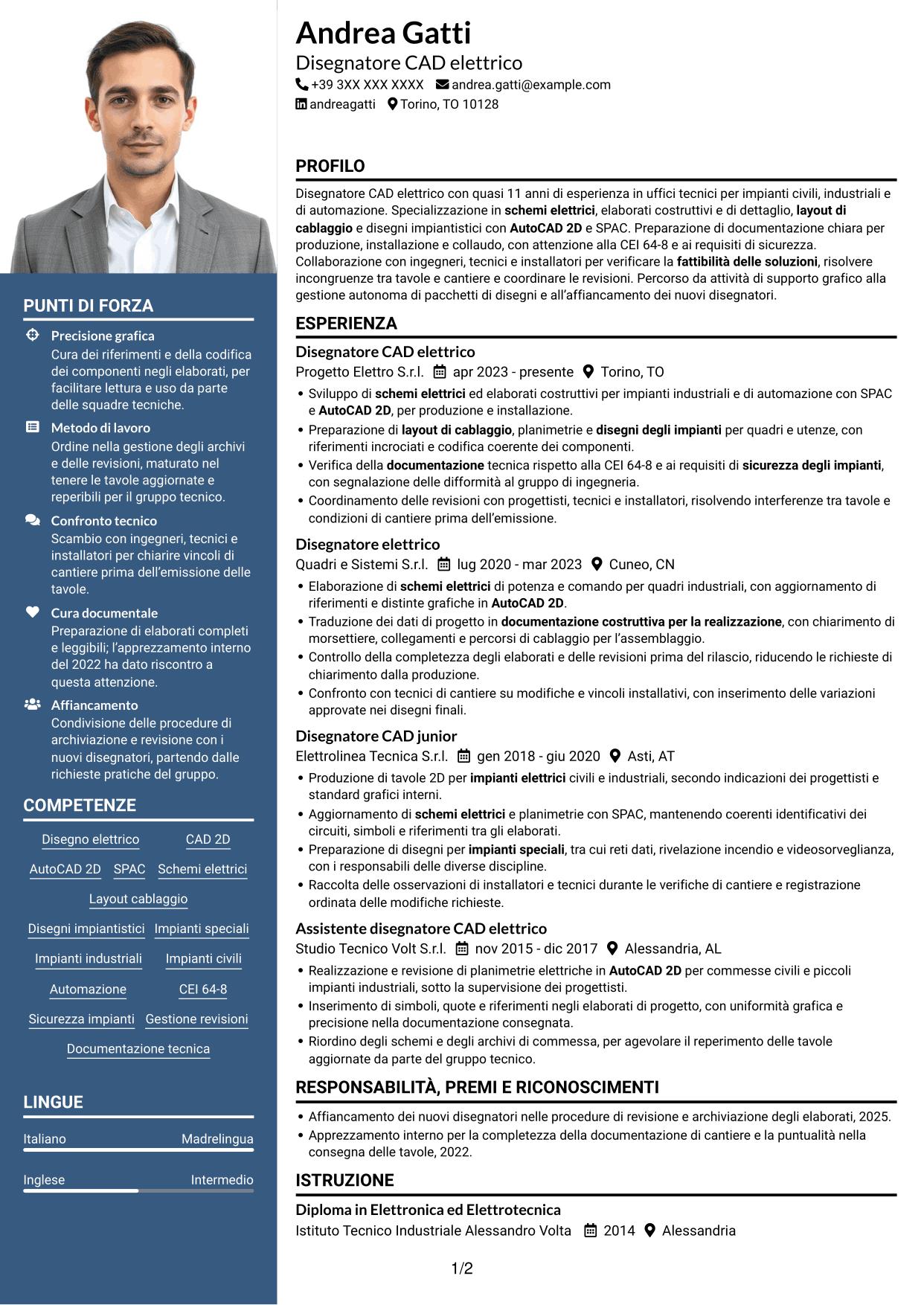 CV Signature (formato con colonna laterale colorata e foto grande): Disegnatore CAD - Impiantistica elettrica, pagina 1