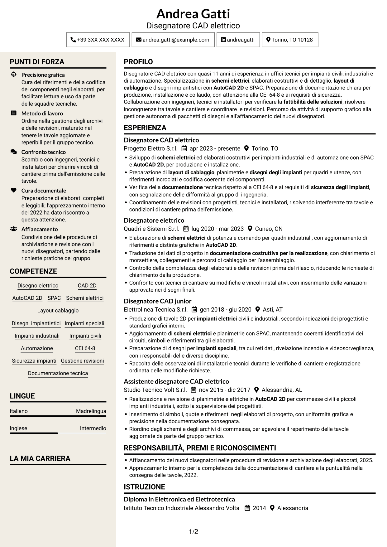 CV Intraprendente (formato a due colonne con intestazione centrata senza foto): Disegnatore CAD - Impiantistica elettrica, pagina 1