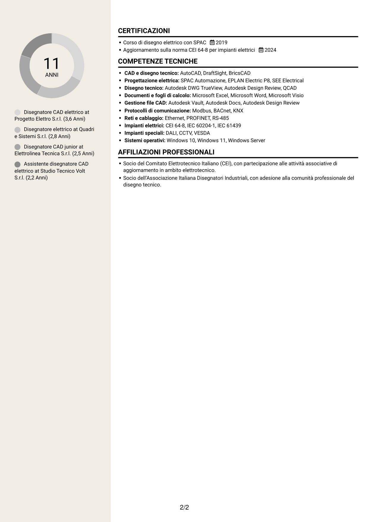 CV Intraprendente (formato a due colonne con intestazione centrata senza foto): Disegnatore CAD - Impiantistica elettrica, pagina 2
