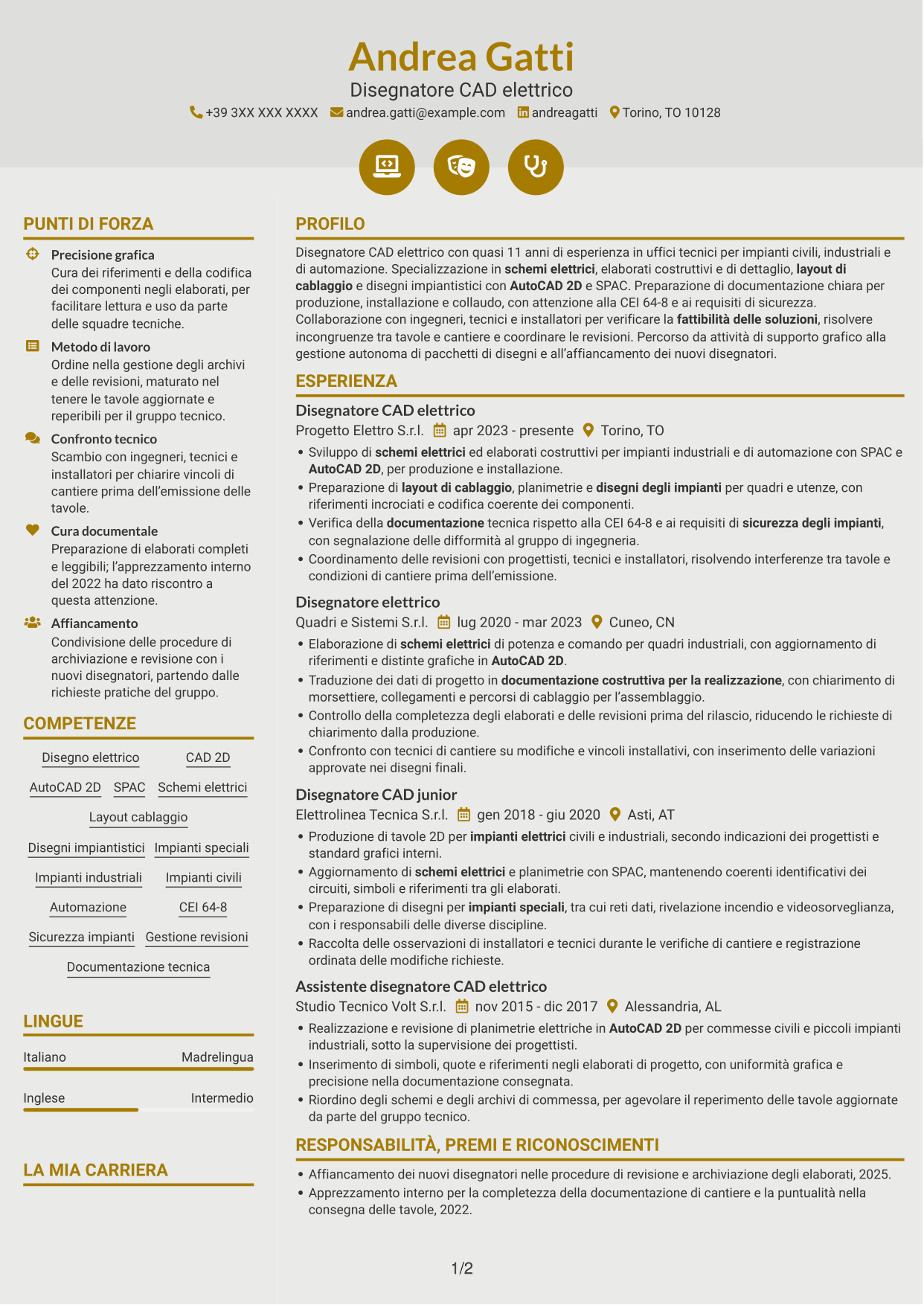 CV Dinamico (formato a due colonne con icone): Disegnatore CAD - Impiantistica elettrica, pagina 1
