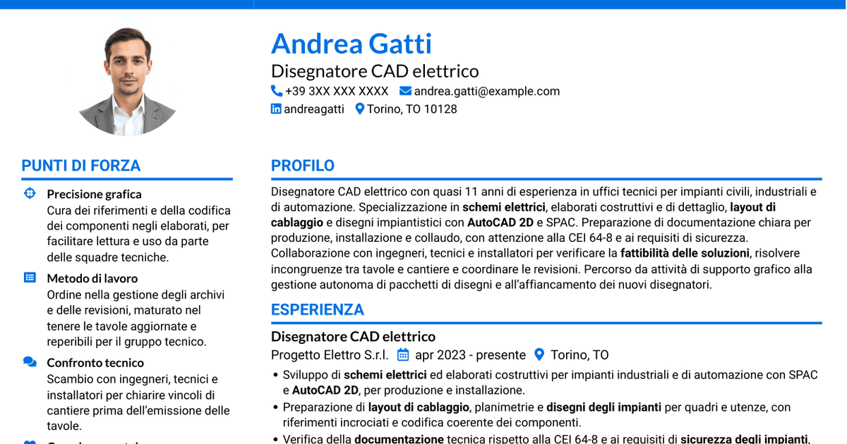 7 modelli di CV per Disegnatore CAD - Impiantistica elettrica, con esempi