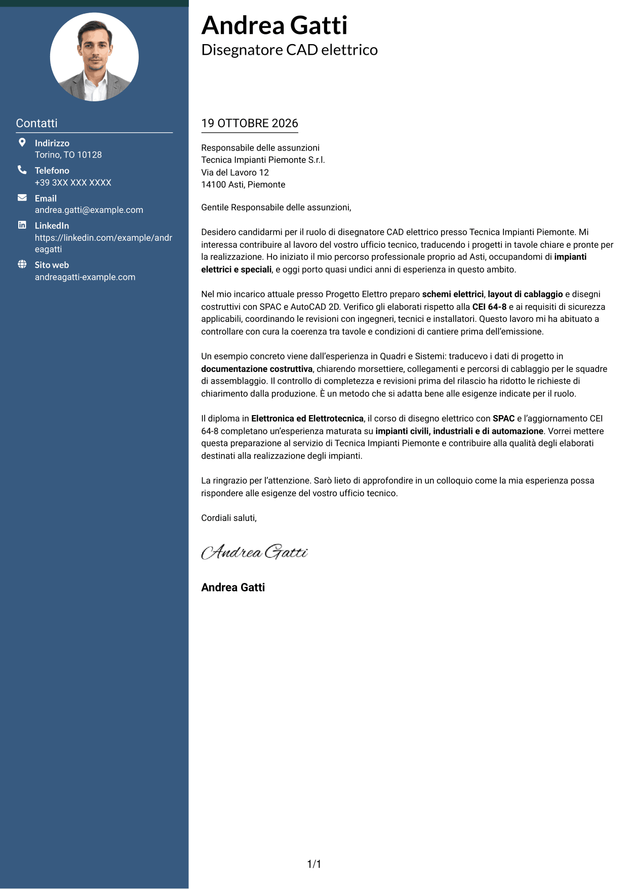 Lettera di presentazione Elegante (formato con colonna laterale colorata e foto): Disegnatore CAD - Impiantistica elettrica, pagina 1