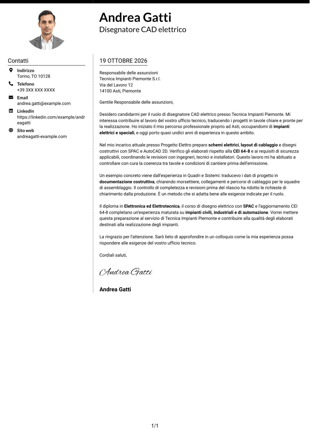 Lettera di presentazione Moderno (formato a due colonne con foto a sinistra e separatore): Disegnatore CAD - Impiantistica elettrica, pagina 1