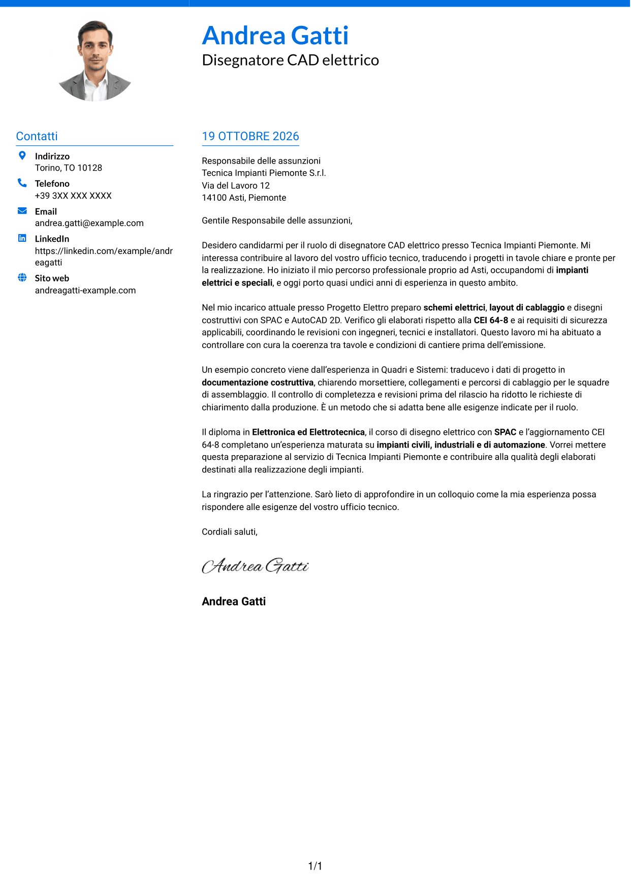 Lettera di presentazione Audace (formato a due colonne con accenti colorati e foto): Disegnatore CAD - Impiantistica elettrica, pagina 1