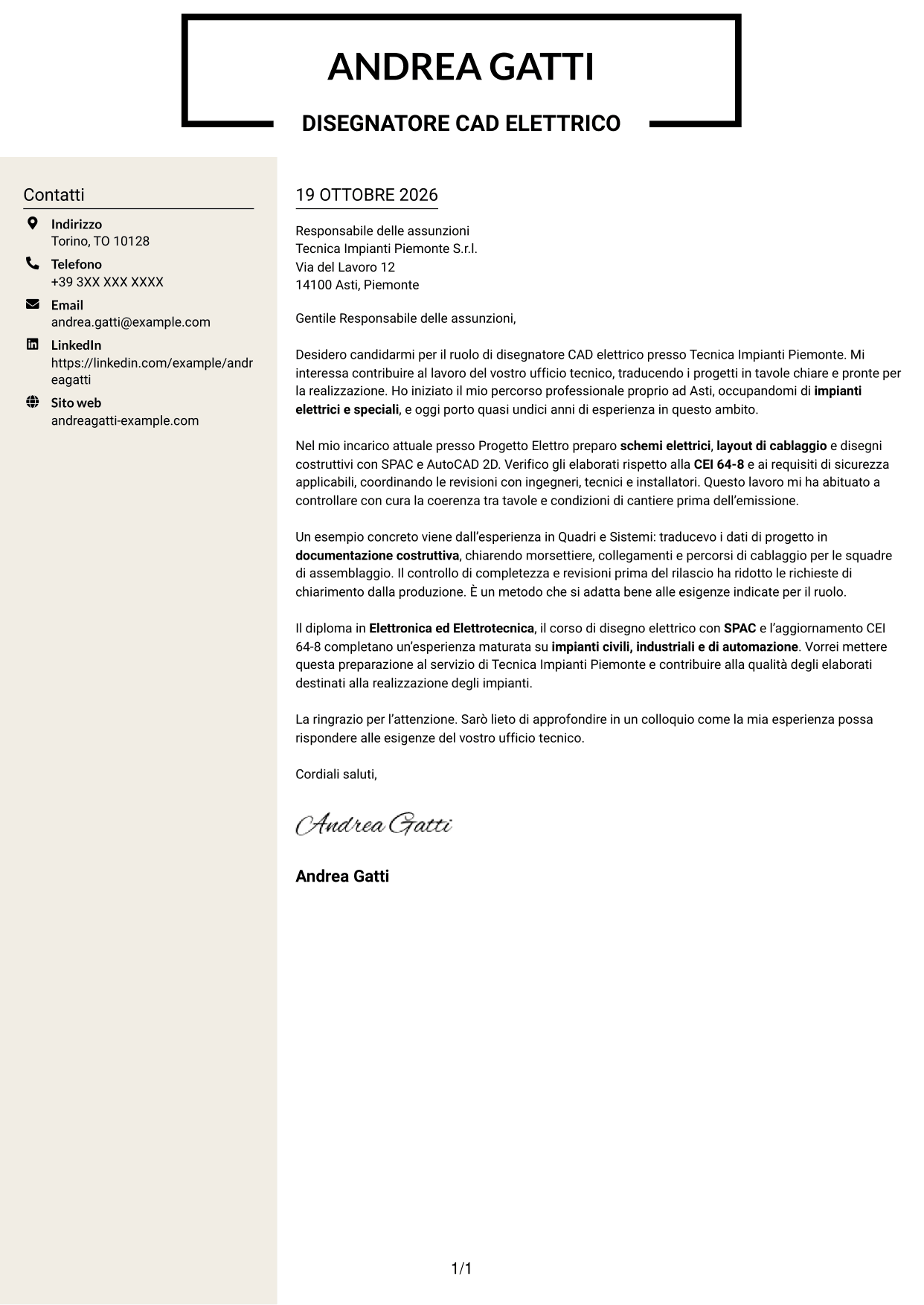 Lettera di presentazione Intraprendente (formato a due colonne con intestazione centrata senza foto): Disegnatore CAD - Impiantistica elettrica, pagina 1