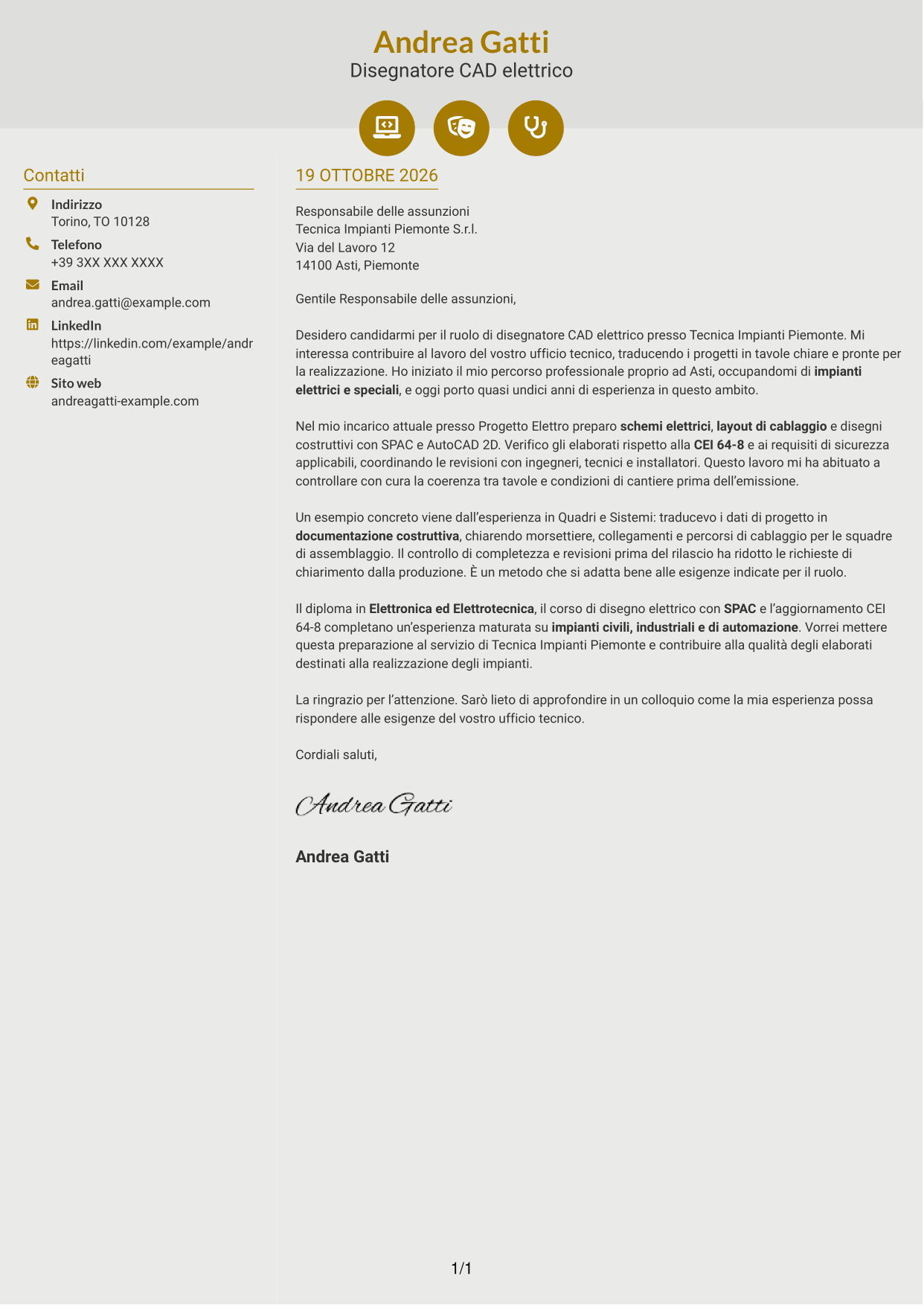 Lettera di presentazione Dinamico (formato a due colonne con icone): Disegnatore CAD - Impiantistica elettrica, pagina 1