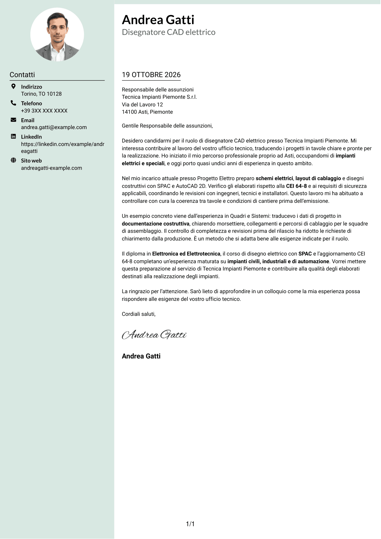 Lettera di presentazione Dirigente (formato con colonna laterale tenue e foto arrotondata): Disegnatore CAD - Impiantistica elettrica, pagina 1